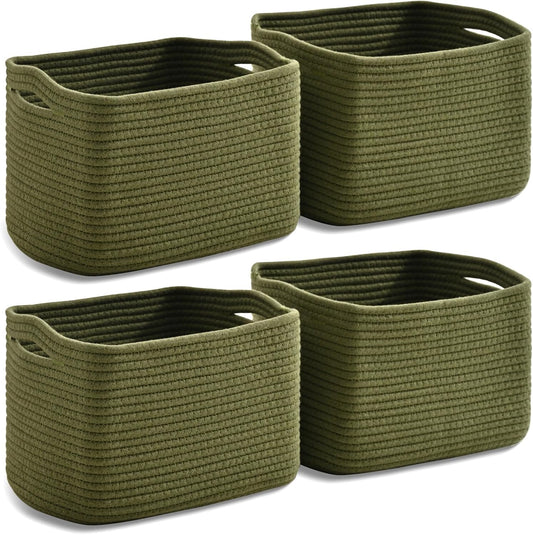 Small Storage Baskets for Organizing, Woven Storage Baskets for Shelves, Cotton Rope Basket for Storage, Cute Rectangular Book Toy Green Basket, 12.7"×9.1"×7.9", 4 Packs, Green