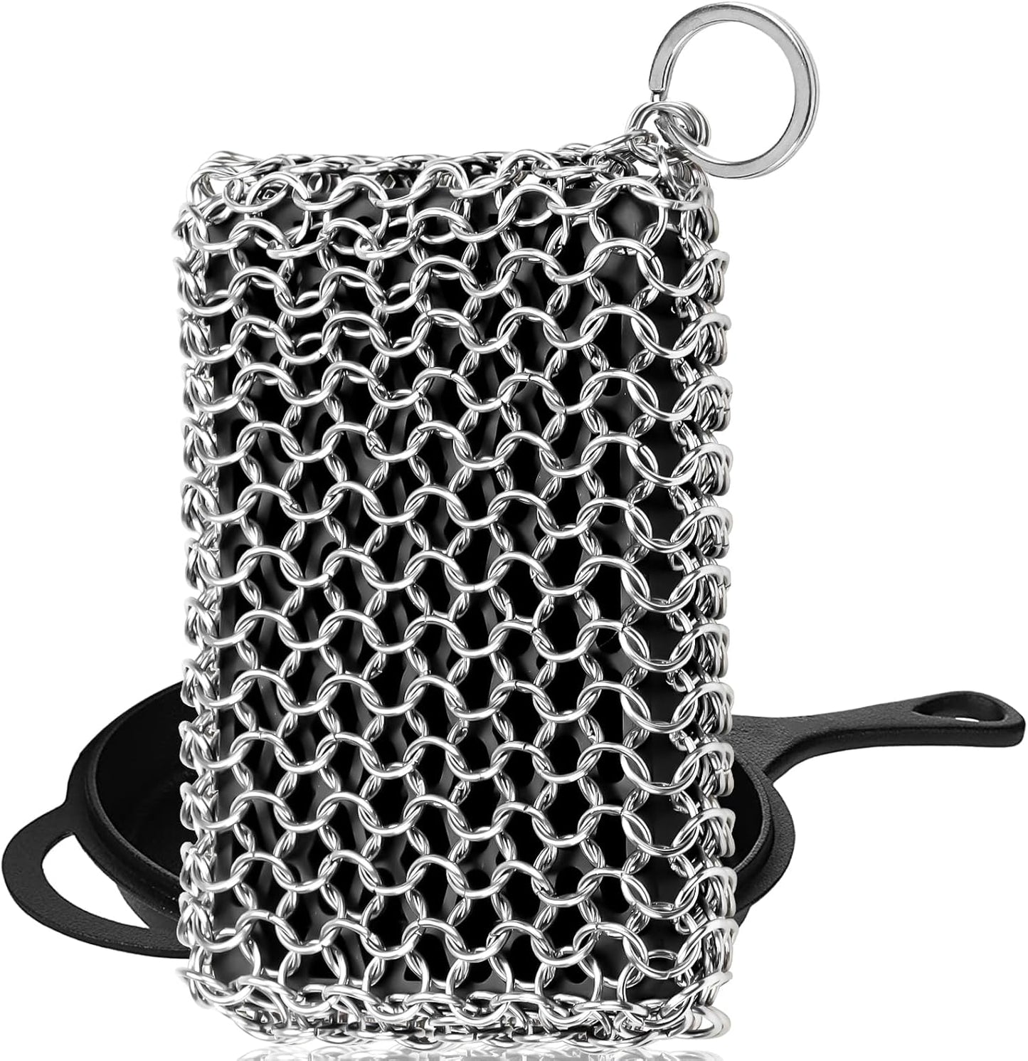 Herda Chain Mail Cast Iron Cleaner Scrubber,316 Chainmail Pan Scrubber Metal Cleaning Brush, Pad, Sponge Scraper to Clean Skillet,Dutch Oven, Wok,Grill Griddle,Chain Link Scrub Brush Pot Care Kit