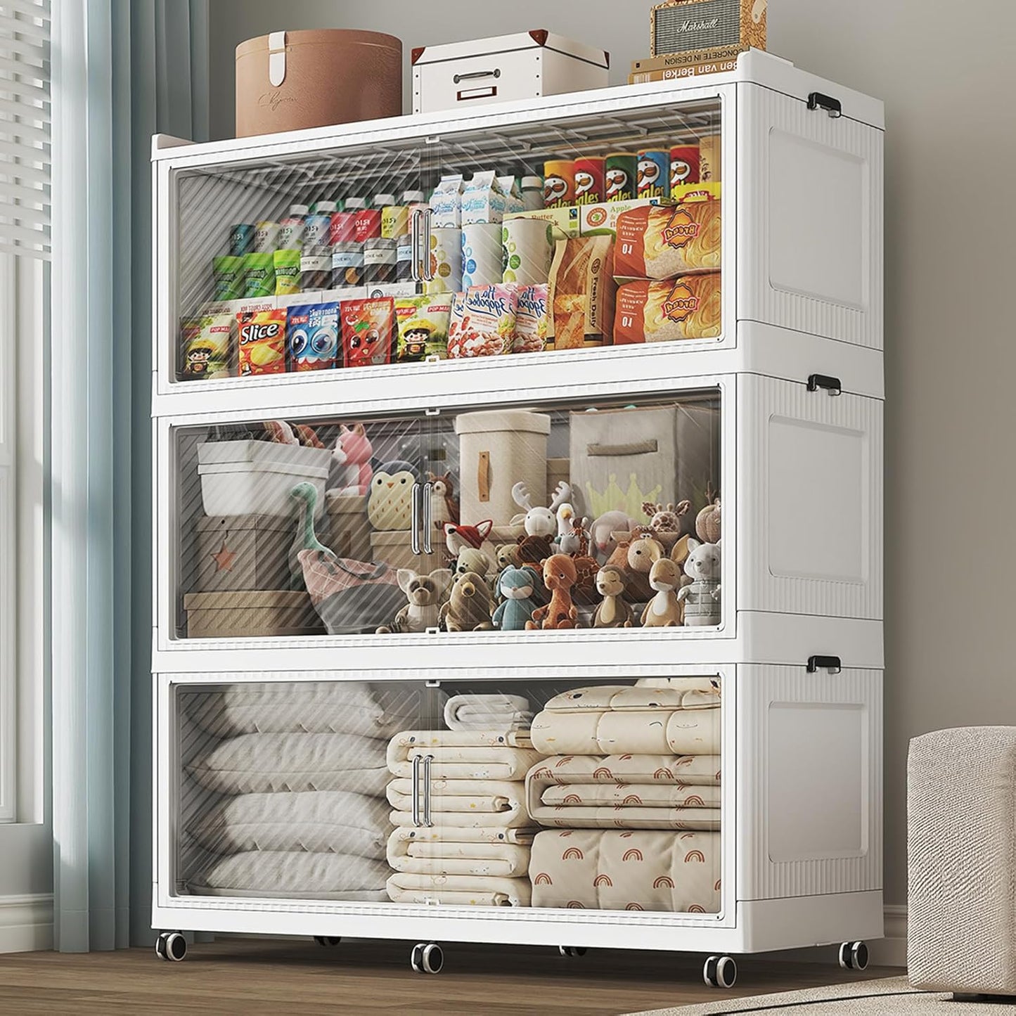150 Gallon Extra Large Collapsible Storage Bin with Lid, 600QT Stackable Plastic Organizer with 6x Wheels, Foldable Drawer Cabinet for Closet, Living Room Office Dorm 3Pack, White