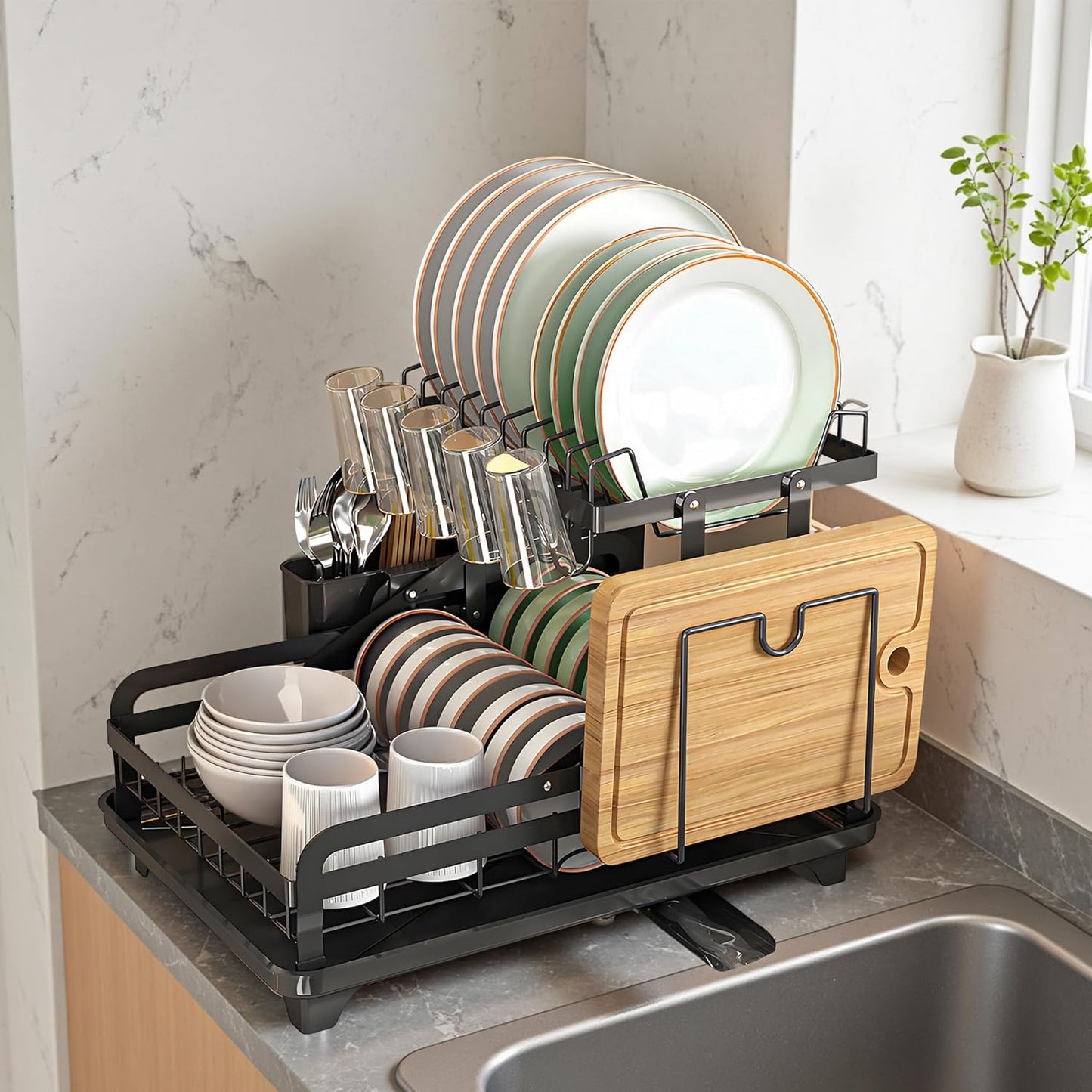 Dish Drying Rack Large 2 Tier Carbon Steel Dish Rack for Kitchen Counter,2-Tier Kitchen Organizers and Storage Rack with Drainboard and Cutlery Holder,Black, Folds Storage