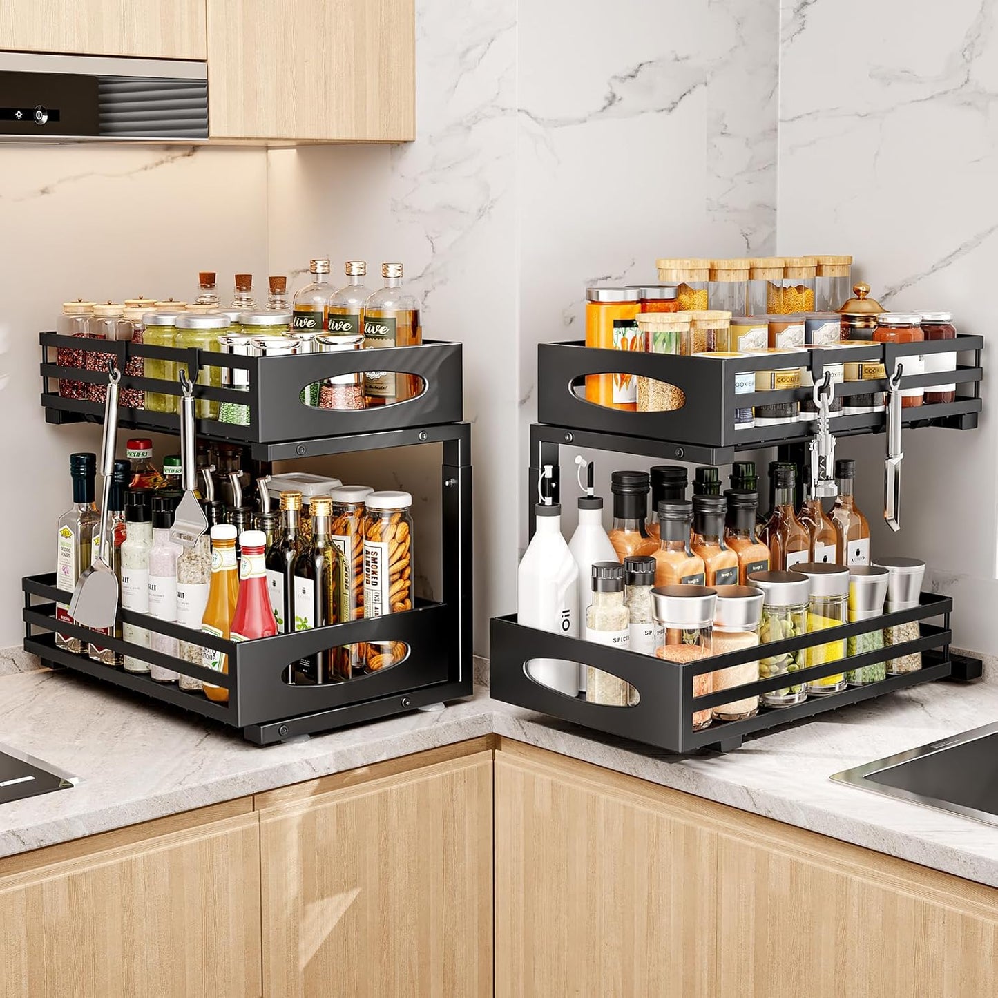 Under Sink Organizer, 2 Tier Under Sink Organizers and Storage, Adjustable Height, Slide Out Metal Cabinet Organizers, Pull Out Cabinet Storage Drawer Shelf for Kitchen Bathroom Black, 2 Pack