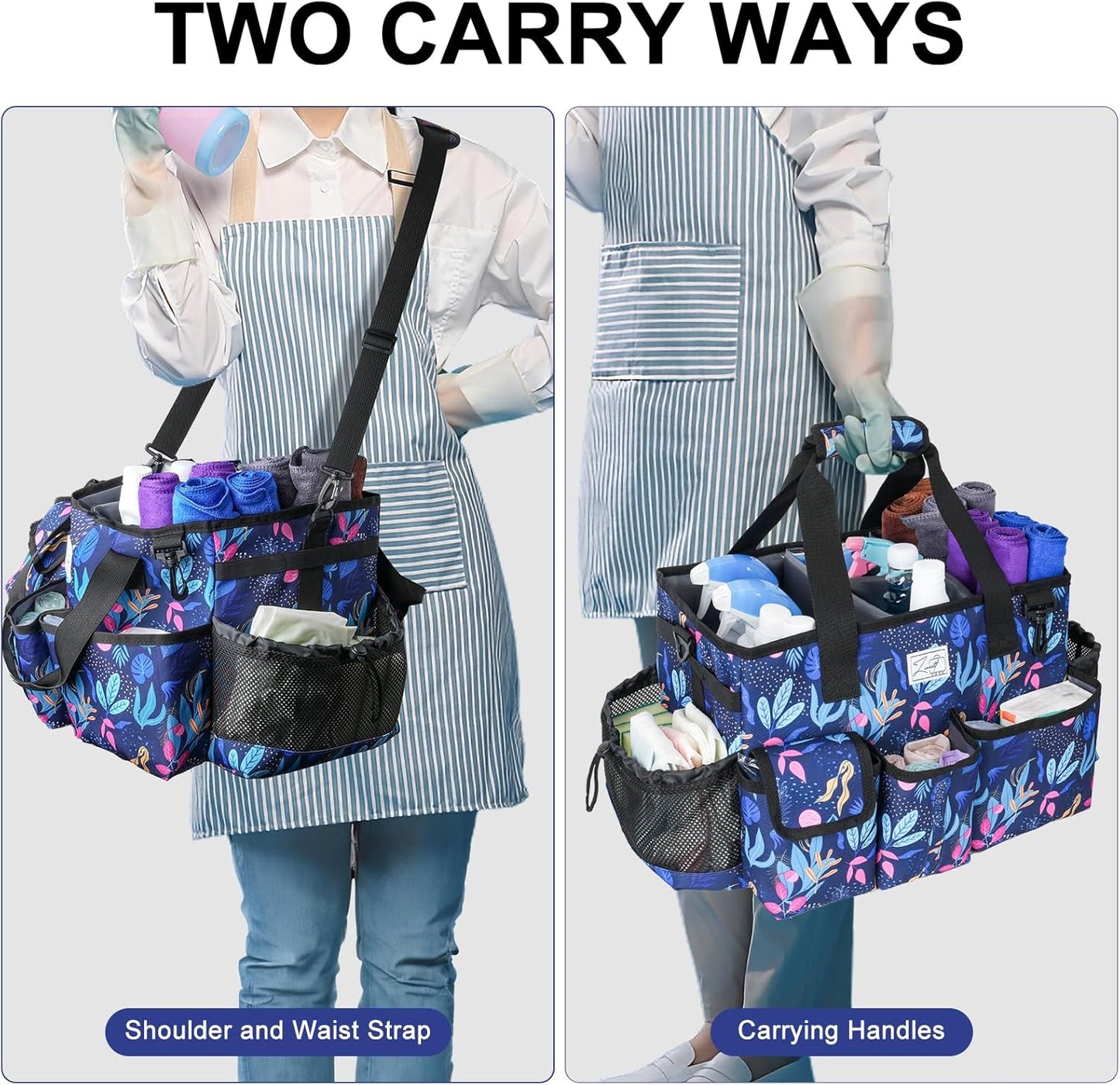 Cleaning Organizer, Large Caddy Bag for Supplies, Housekeeper's Bag with Handle (Blue Leaf)