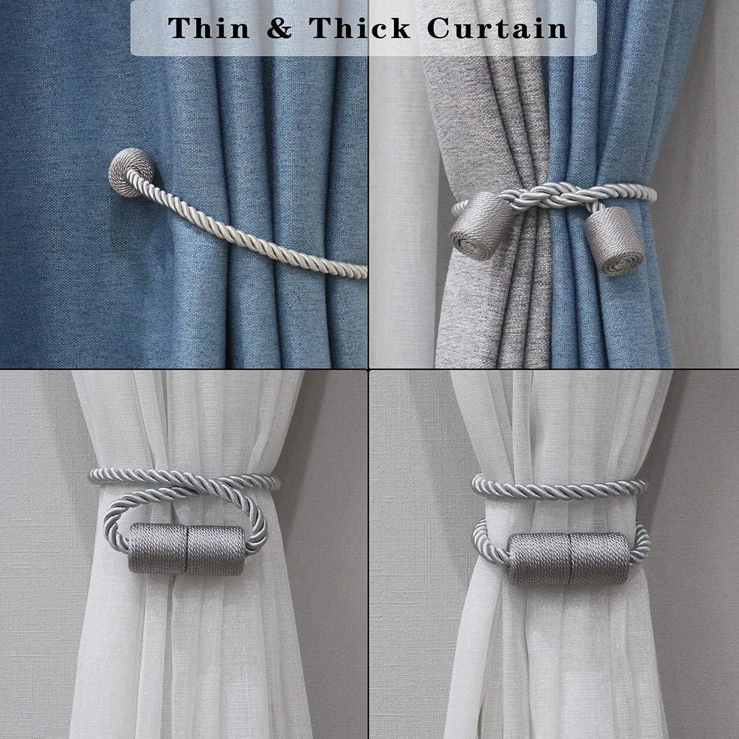 2 Pack Grey Strong Magnetic Curtain Tiebacks Outdoor Elegant Decorative Tie Backs Modern Rope Tiebacks for Drapes Window Curtain Holdbacks for Draperies