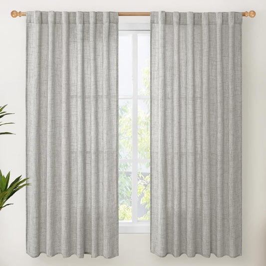 YoungsTex Dark Grey Linen Curtains 63 Inch Length 2 Panels for Living Room, Light Filtering Semi Sheer Drapes Back Tab/Rod Pocket for Bedroom Country Lightweight Window Treatments, 52 X 63 Inch
