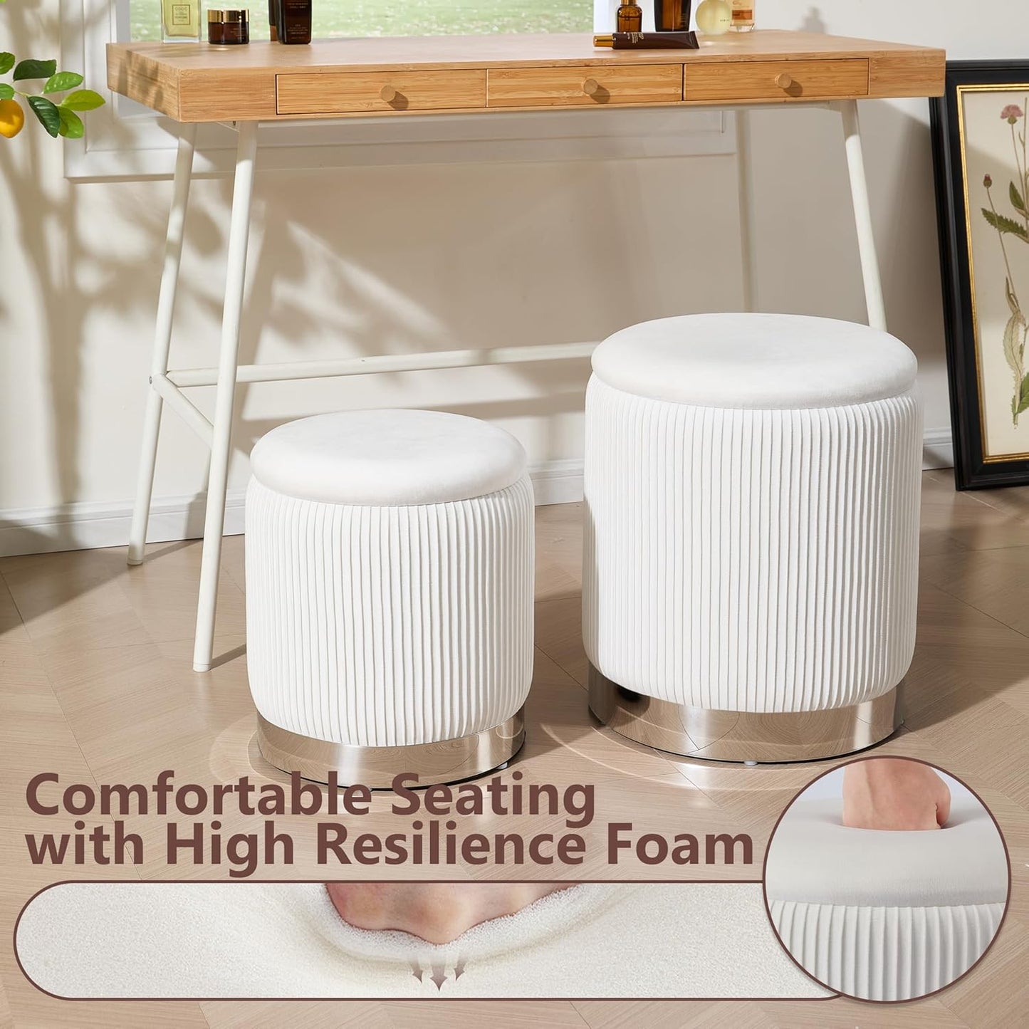 Royal Windsor Round Ottoman with Storage Set of 2, Vanity Stool with Storage for Bedroom, Ottoman Coffee Table Silver-Tone Ring Around The Base, Small Velvet Foot Stool for Living Room, White