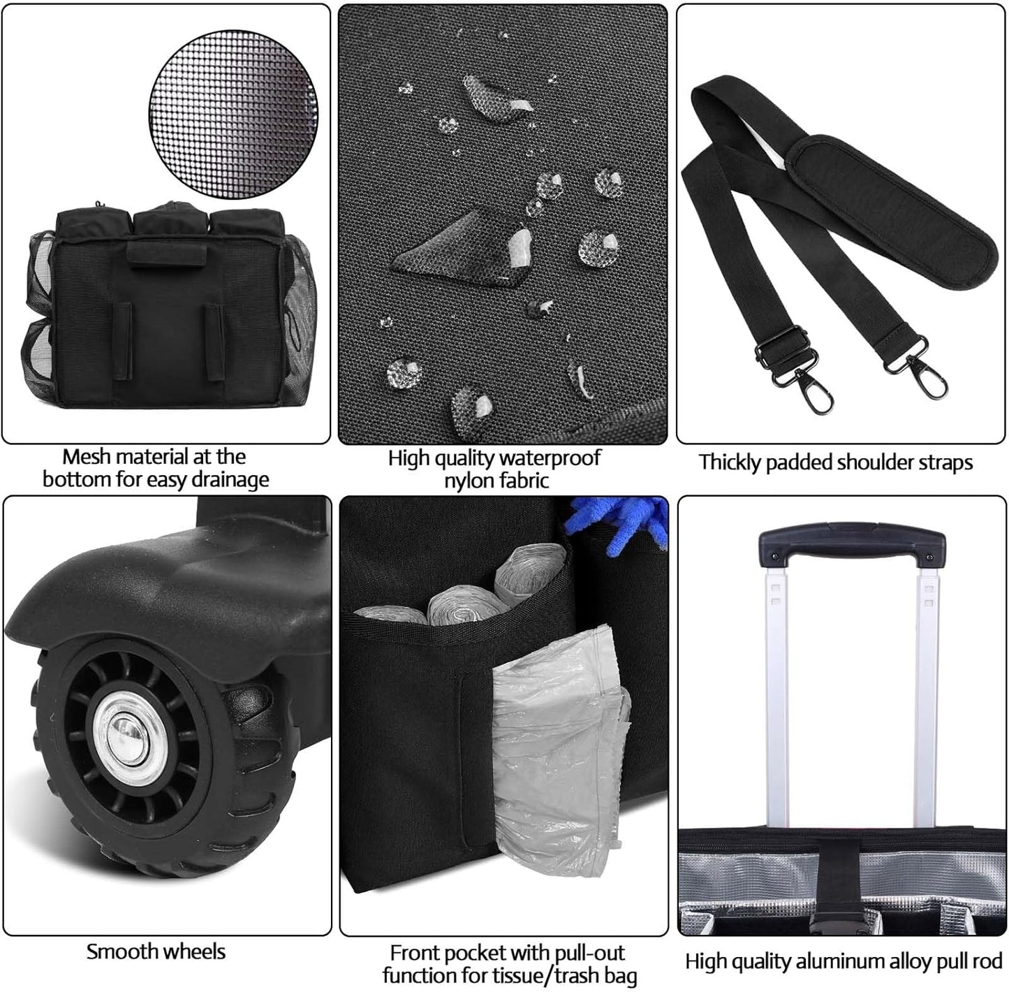 Extra Large Rolling Cleaning Caddy Bag with Detachable, Foldable Trolley Portable Cleaning Cart for Housekeeping Cleaning Caddy with Adjustable Shoulder Strap and Multiple Storage Pockets