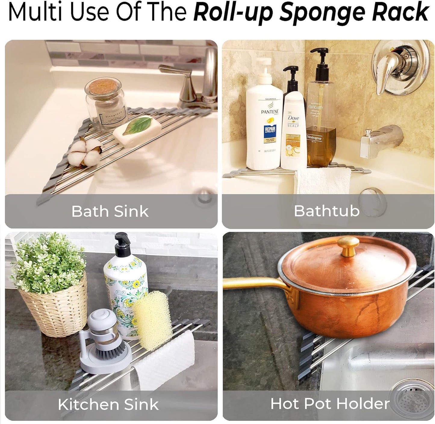Roll Up Sponge Holder for Counter, Sink Organizer for Kitchen, Bathroom, Laundry Room, 304-Stainless Steel Sink Organizer for Sponge, Brush, Scrubber, Soap Dispenser Holder, Dish Drying Rack(Black)