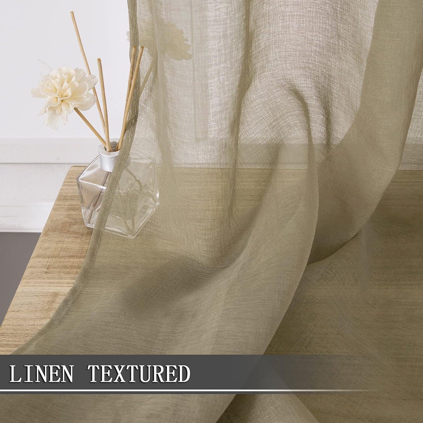Tollpiz Sheer Curtain Linen Textured Bedroom Curtains Sheer Light Filtering Rod Pocket Voile Curtain for Living Room, 54 x 95 inches Long, Taos Taupe, Set of 2 Panels
