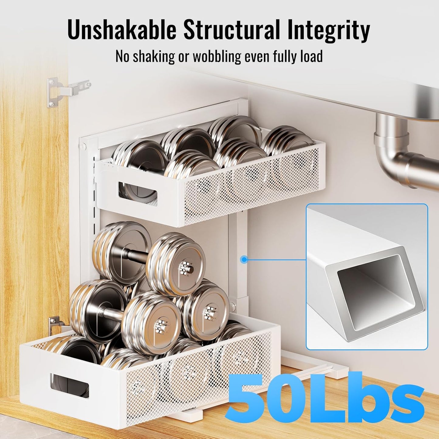 Full Metal Under Sink Organizer, Pull Out Cabinet Organizers and Storage, Silk-Smooth Sliding Drawer for Kitchen, Bathroom, Pantry, Cabinet, Closet (White, 2 Pack)