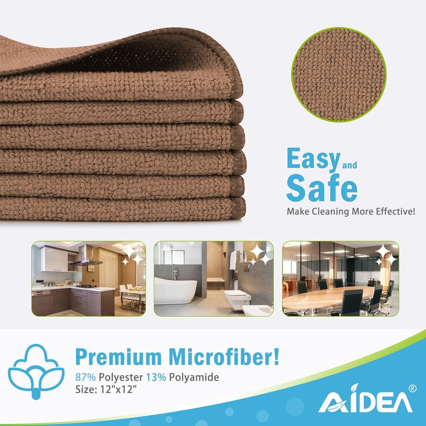 AIDEA Microfiber Cleaning Cloth-12PK, Soft Microfiber Towels for Cars, Absorbent Cleaning Rags, Lint-Free Streak-Free Wash Cloths for House, Kitchen, Window(12in.x12in), Brown
