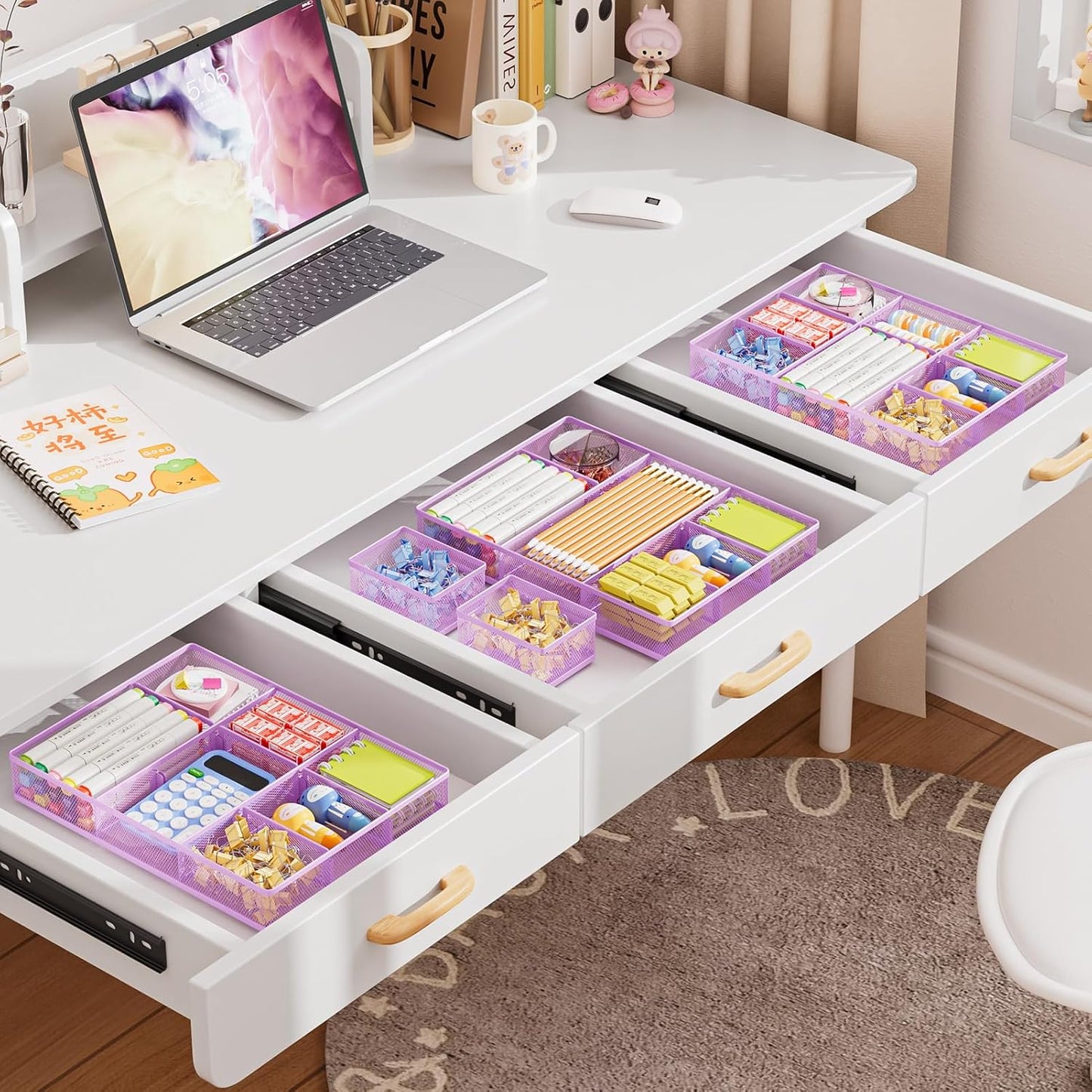 Marbrasse 3 Packs Desk Drawer Organizers, Metal Mesh Dividers with 9 Adjustable Compartments, Pen Organizer for Drawer Tray Box Accessories for Desktop,Kitchen, Makeup(Purple)