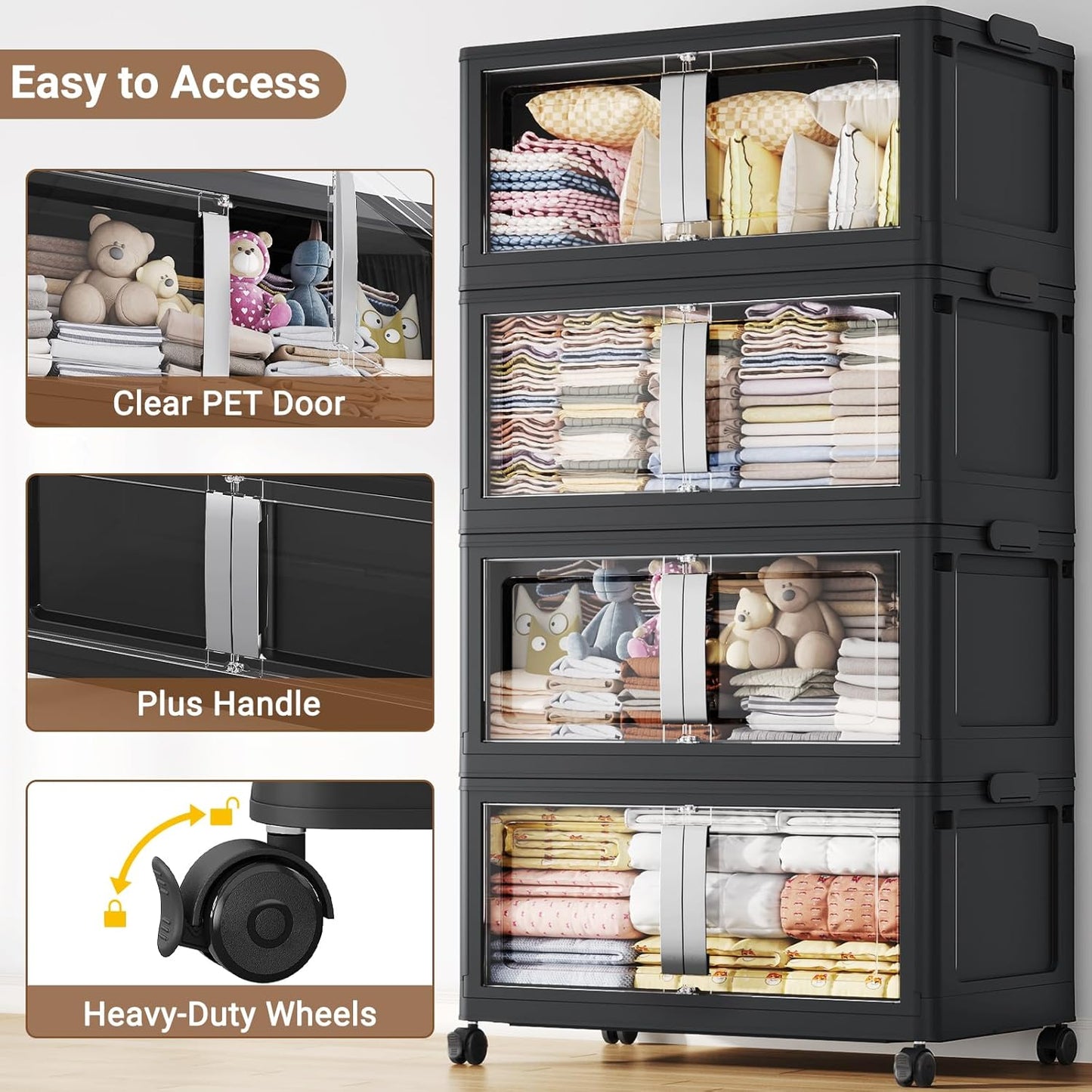 BROVIEW 640QT Stackable Storage Bins with Lids, 160Gal Extra Large Collapsible Storage Box with Wheel, Plastic Storages with Clear Door Open Front for Home Kitchen Garage, Black-4pack