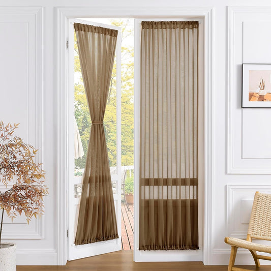 Tollpiz Sheer Door Curtain Closet Linen Textured Curtains Sheer Doorway Light Filtering Voile Patio Glass Door Rod Pocket Curtain French Door, 54 x 72 inches Long, Brown, Set of 1 Panel