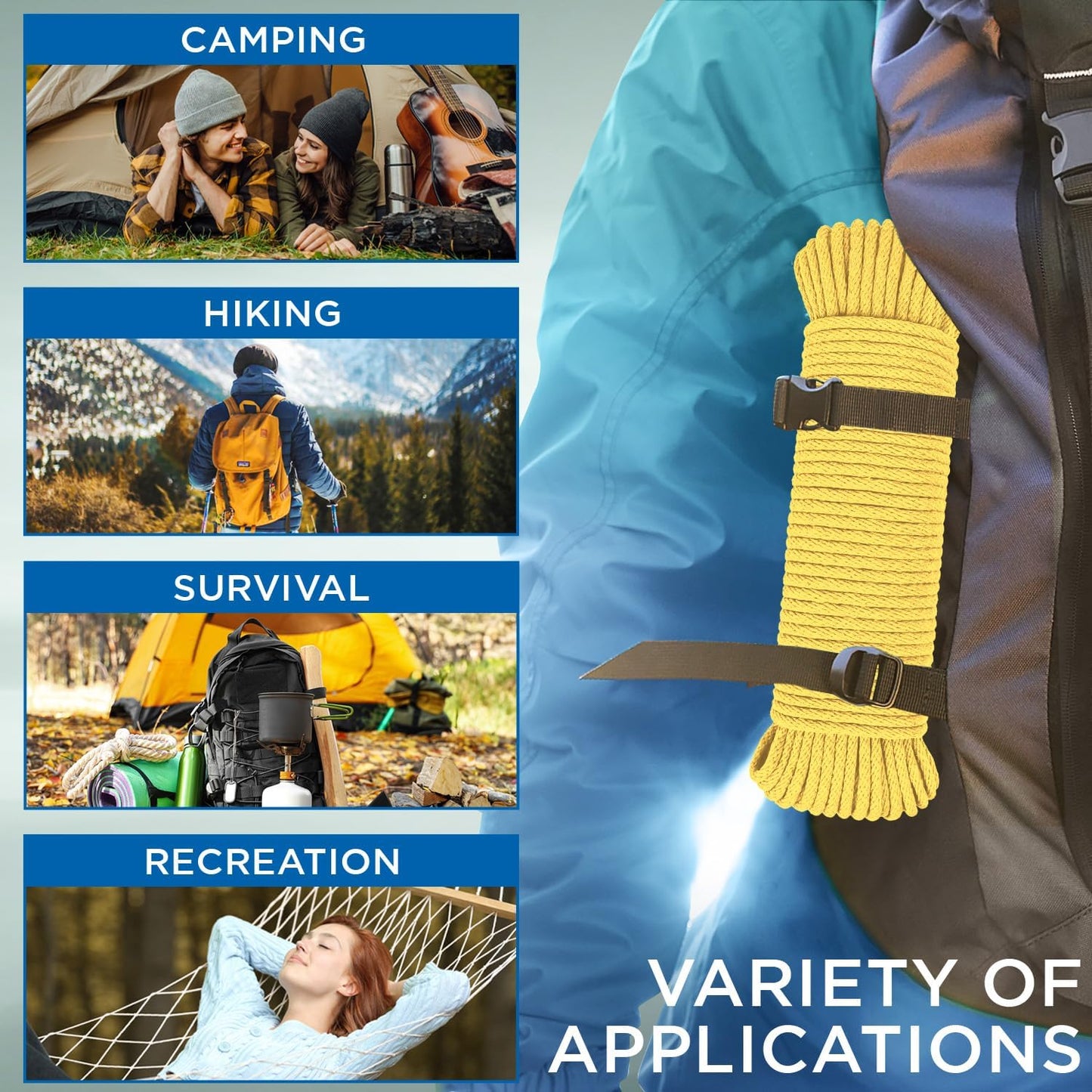 TECEUM Cotton Rope 3/16” (5 mm) – 100 FT – Strong All-Purpose Braided Rope – Natural Cotton – for Crafting, Сamping, Clothes Line, DIY, Indoor & Outdoor Use – Yellow