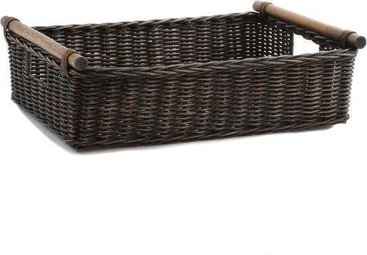 The Basket Lady Low Pole Handle Wicker Storage Basket, Extra Large, 21.5 in L x 14.5 in W x 6.5 in H, Antique Walnut Brown