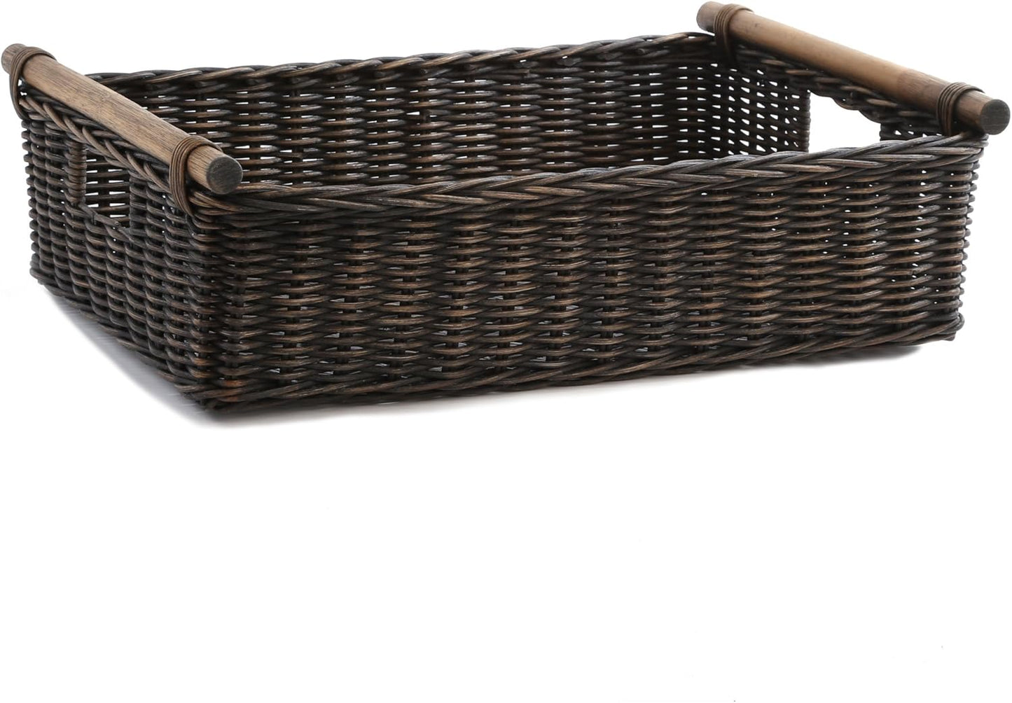 The Basket Lady Low Pole Handle Wicker Storage Basket, Large, 19.5 in L x 12.5 in W x 6 in H, Antique Walnut Brown