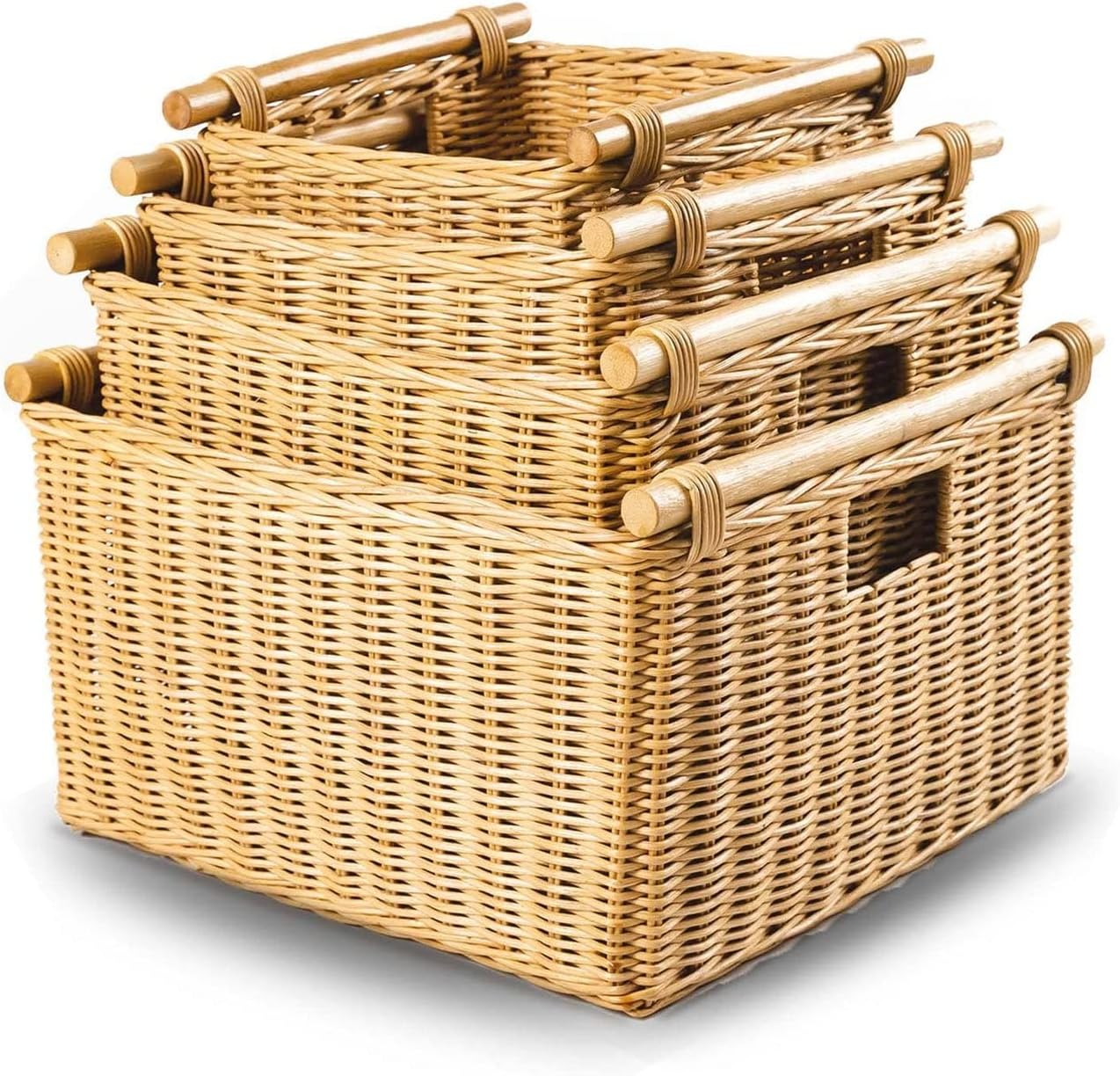 The Basket Lady Deep Pole Handle Wicker Storage Basket, Small, 11.5 in L x 11.5 in W x 8 in H, Sandstone