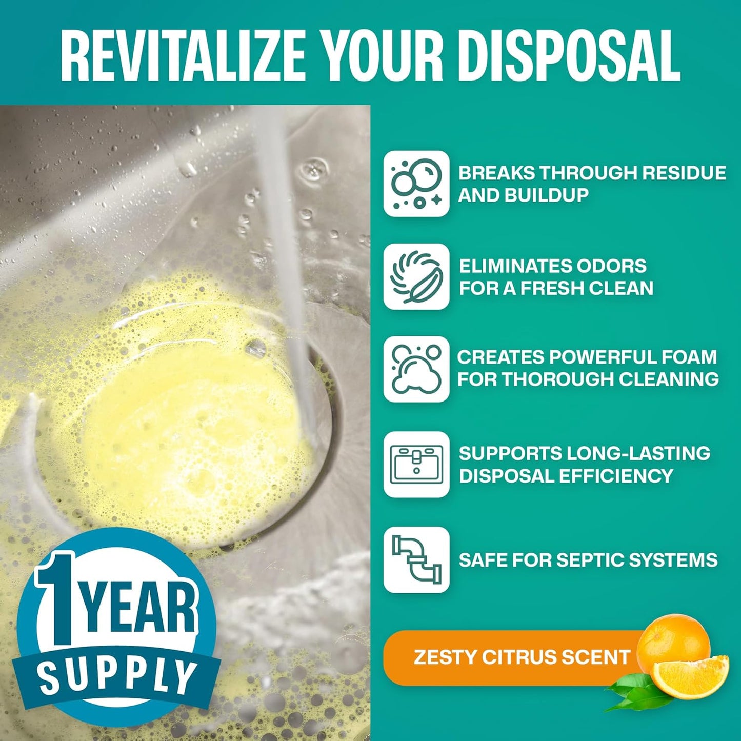 Sudstainables Garbage Disposal Cleaner Tablets 24-Pack - Sink Cleaner and Deodorizer, Disposal Cleaner and Deodorizer, Garbage Disposal Cleaner and Deodorizer Tablets - up to 1-year Supply