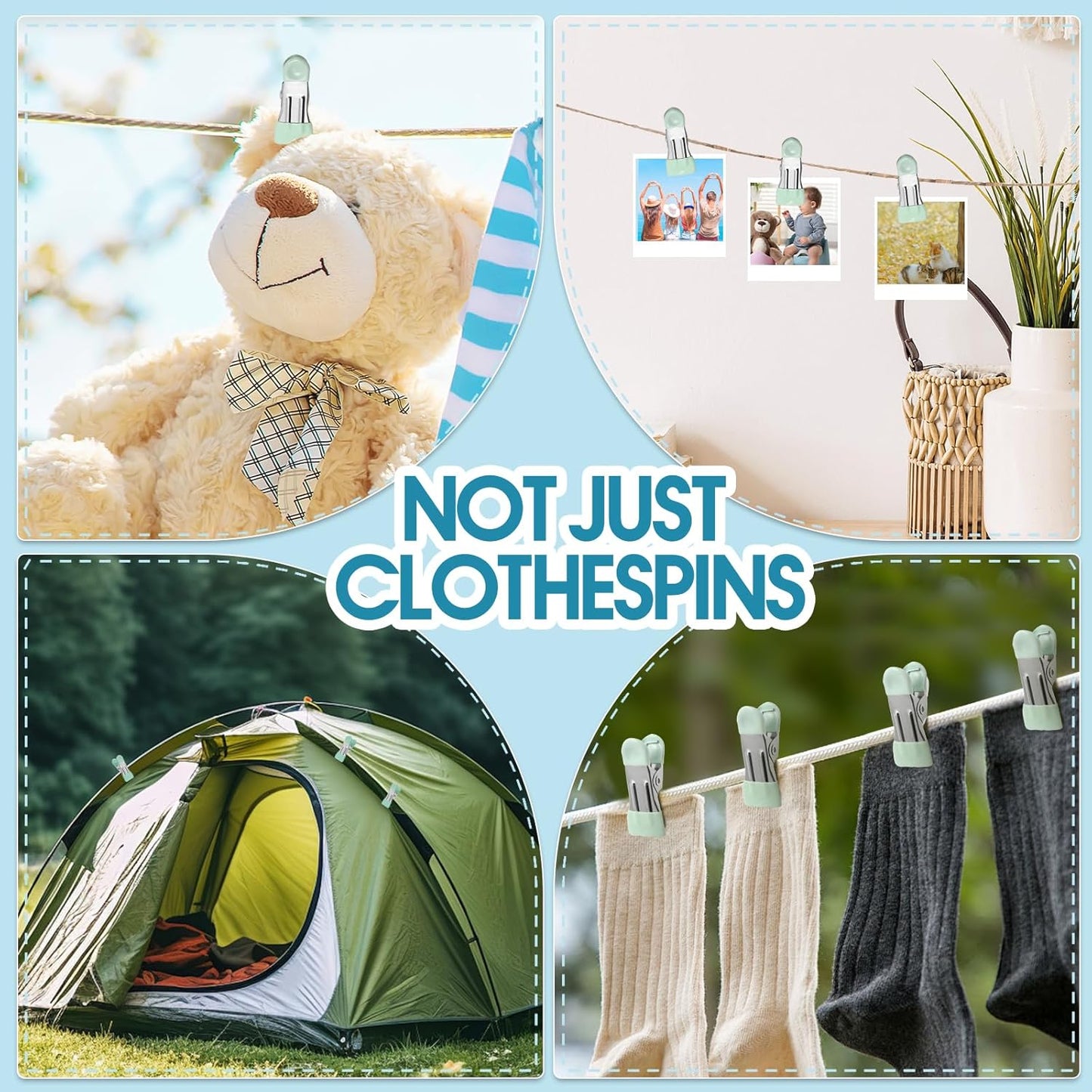 Clothes Pins Heavy Duty 30 Pack - 2.17 Inch Metal Chip Clips, Clothespins for Photo Drying Clothesline Laundry Sock, Bag Clips for Food Kitchen Stainless Steel with Rubber, Light Green