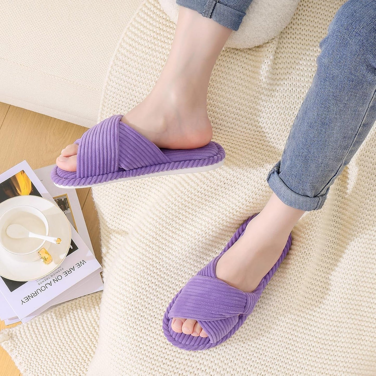 Evshine Summer House Slippers for Women Corduroy Cross Bow Indoor Slippers Open Toe Slip On Bedroom Shoes with Memory Foam