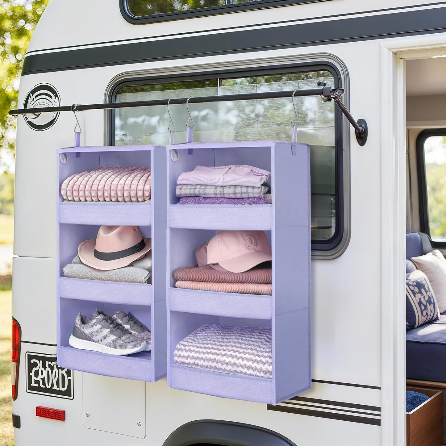 GRANNY SAYS 3 Shelf Hanging Closet Organizers and Storage, Collapsible Closet Storage Organizer with 2 Metal Hooks, Leak-Proof Hanging Shelves for Closet, Dorm Room, Nursery, 2 Pack, Purple
