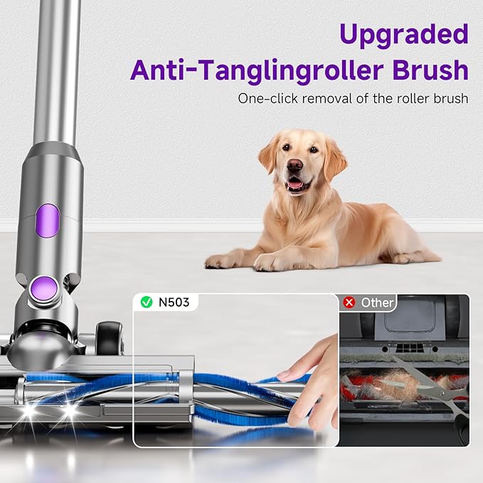 Cordless Vacuum Cleaner, 38Kpa Powerful Stick Vacuum Cleaner with 45mins Rechargeable Battery, LED Anti-Tangle Brush, 8-in-1 Handheld Vacuum Cleaners for Home/Pet Hair/Carpets/Floors, Purple