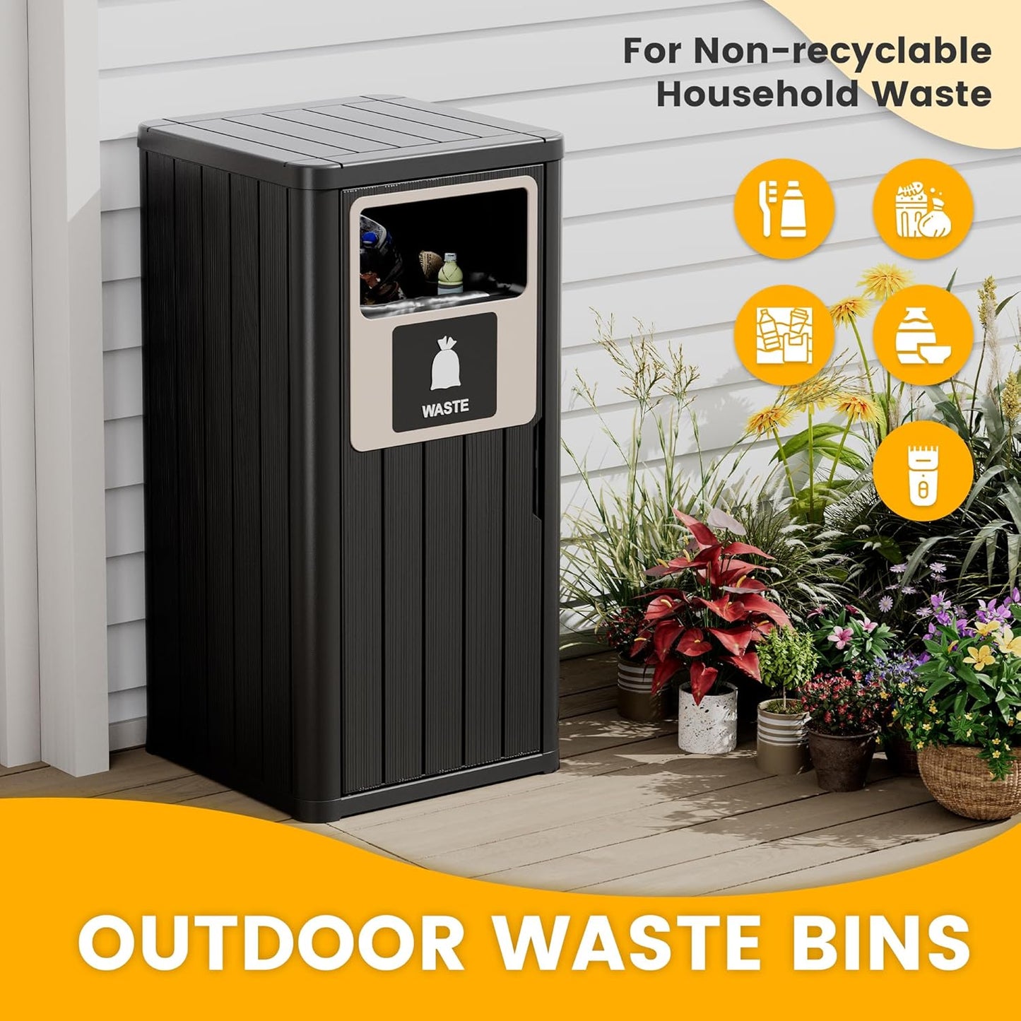 22 Gallon Outdoor Trash Can Waterproof Resin Garbage Can with Waste Labels Outside Trash Bin for Patio Kitchen Commercial Garbage Can Backyard or Deck Black