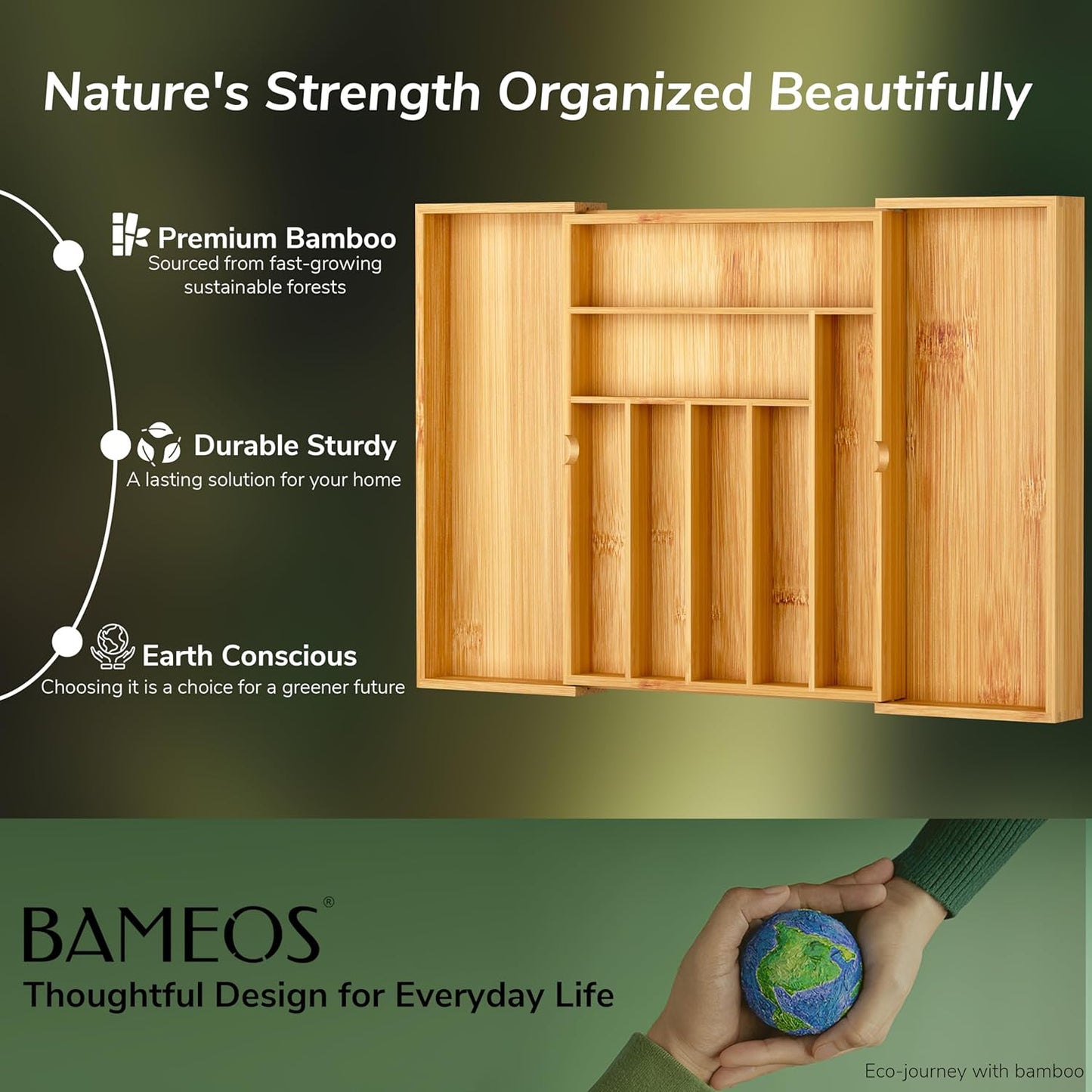 BAMEOS drawer organizer flatware organizer cutlery tray silverware organizer expandable adjustable bamboo drawer organizer kitchen bathroom
