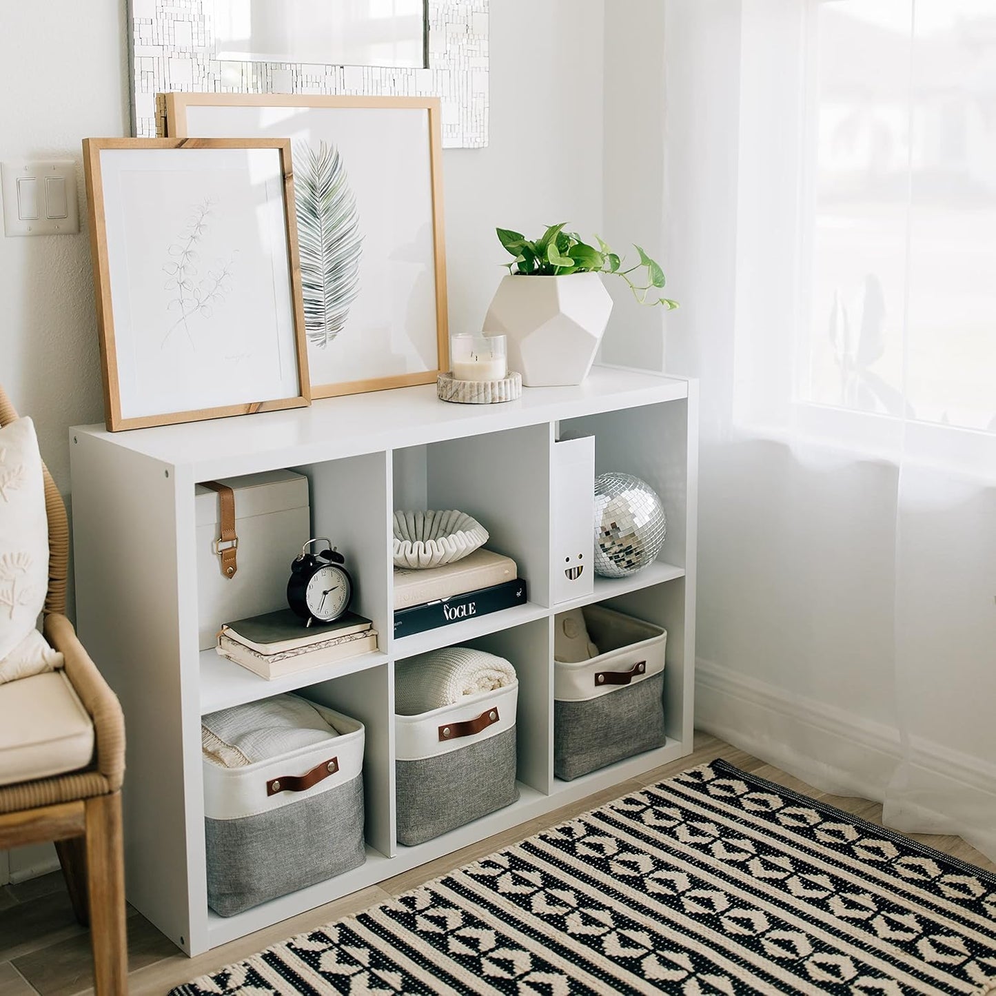 OrganiHaus Large Fabric Storage Baskets for Shelves 3 Pack, 15x11in Closet Storage Bins for Shelves, Cloth Baskets for Organizing, Linen Closet Organizers, Fabric Basket, Gray/White