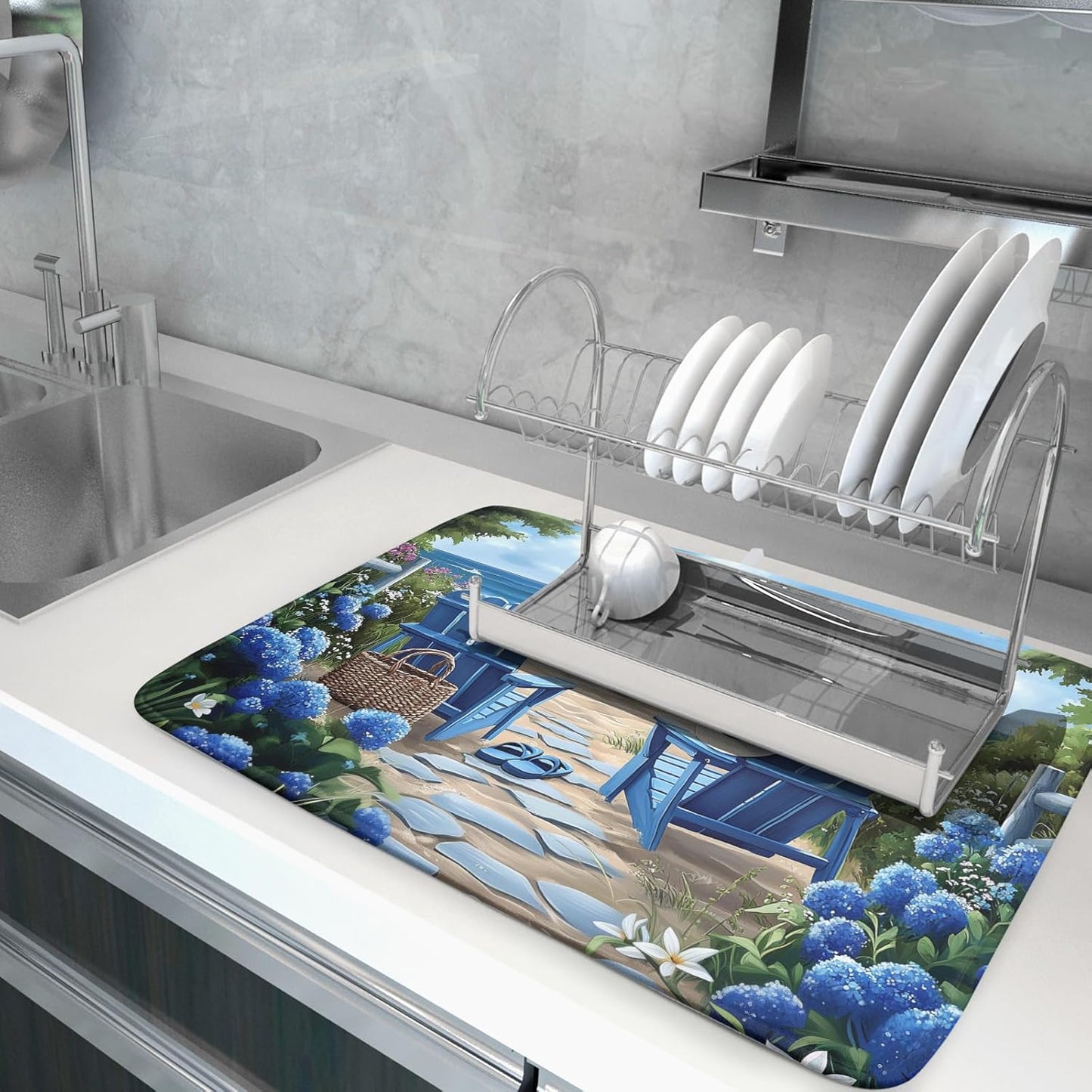 Summer Beach Dish Drying Mat 18x24 Inch Sea Shells Flowers Kitchen Mats Blue Microfiber Absorbent Dish Drainer Rack Mats Non-Slip Ocean Themed Sink Dishes Pad for Kitchen Counter Coffee Bar