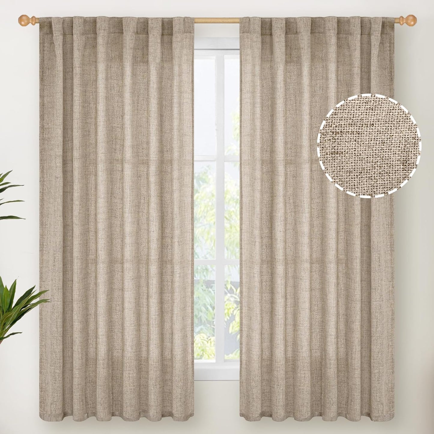 YoungsTex Dark Oatmeal Curtains 63 Inches Long for Living Room Window, Linen Semi Sheer Drapes Light Filtering with Rod Pocket Back Tab for Bedroom Farmhouse Rustic Privacy, 2 Panels, 52 X 63 Inch