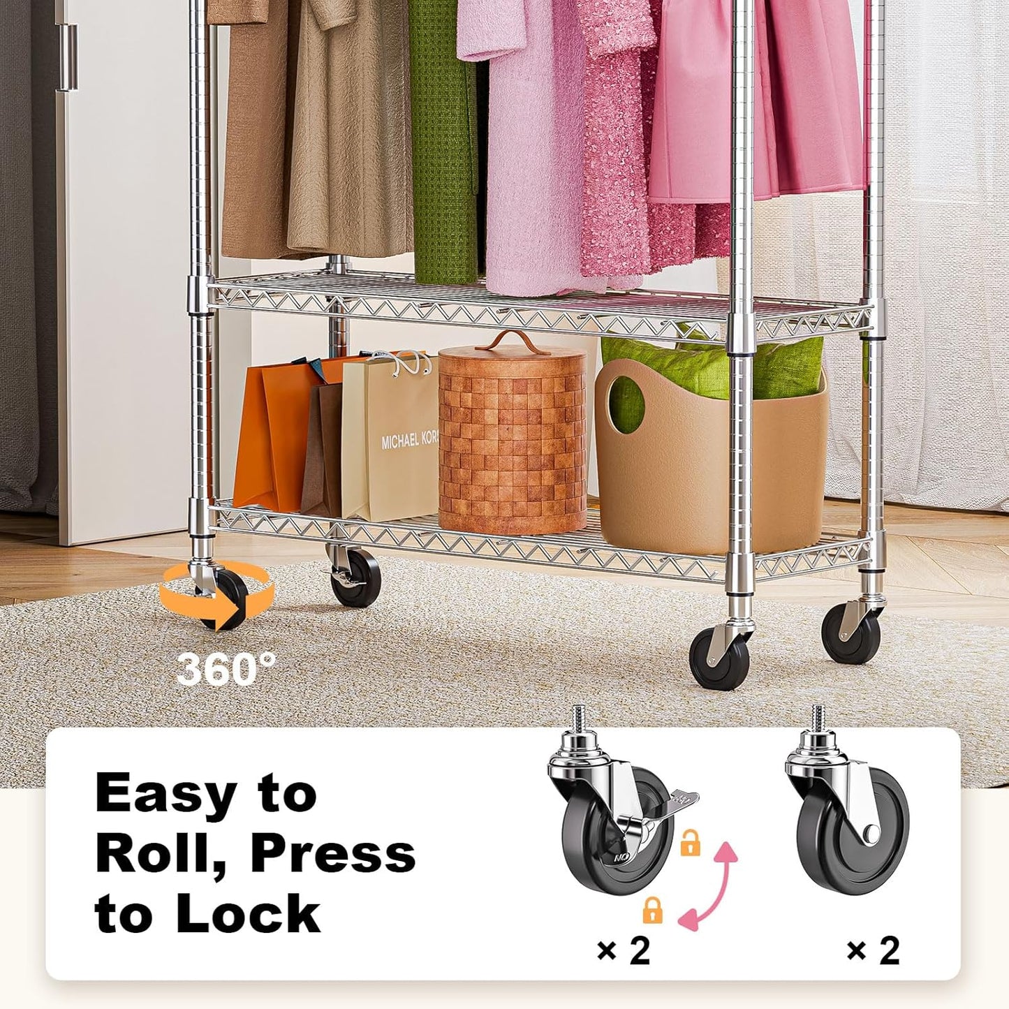 Heavy Duty Rolling Garment Rack 3 Tiers Adjustable Wire Shelving Clothes Rack with 1 Rods and Side Hooks,Storage Closet Clothing Rack with Wheels Chrome 15.7" D x 45.3" W x 75.6" H