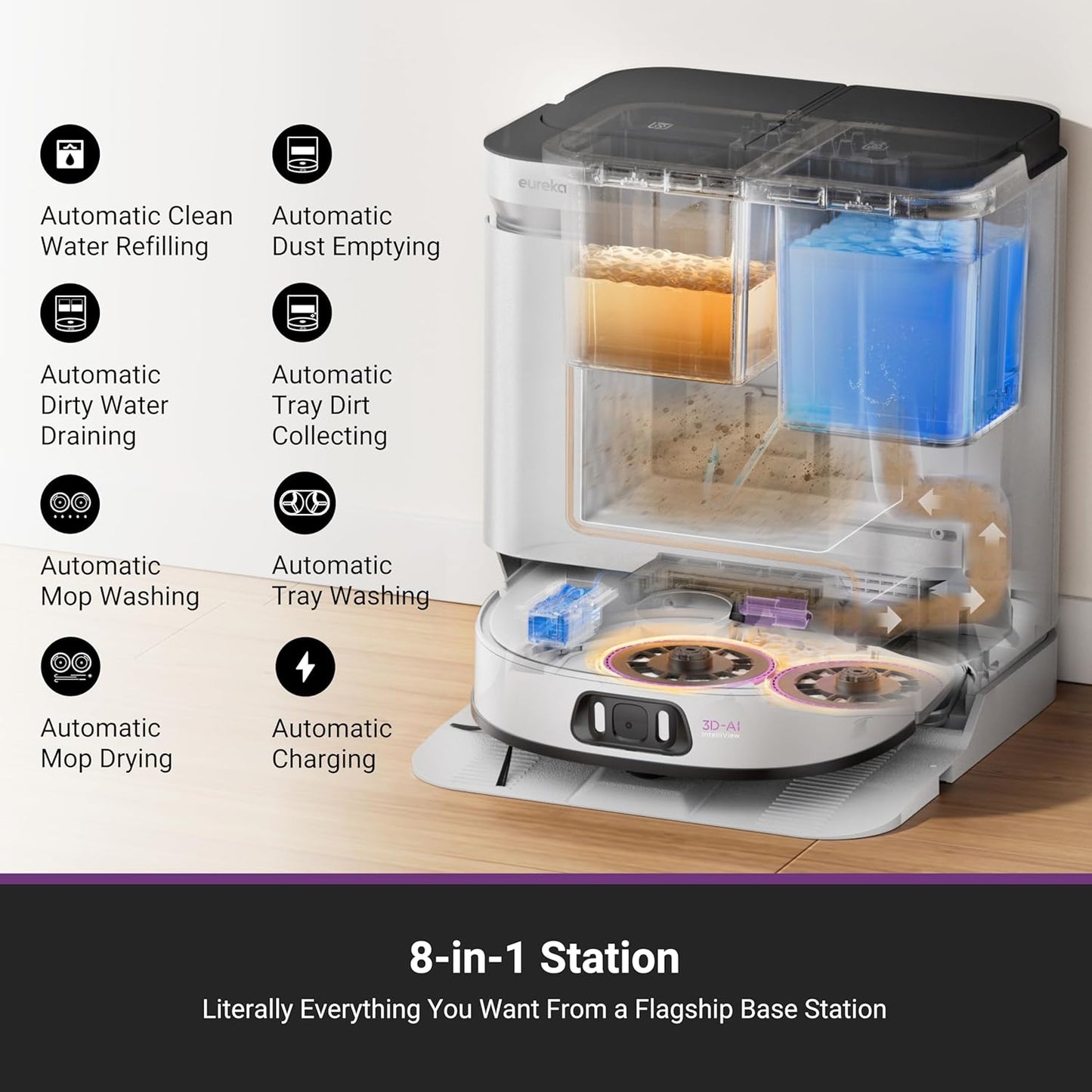 Eureka J15 Pro Ultra Robot Vacuum and Mop with Self Emptying Base, 16,200 Pa Suction, Flex-Arm Design Mop, Auto Mop Hot Water Washing & Hot Air Drying, Anti-Tangle, AI Obstacle Avoidance, White