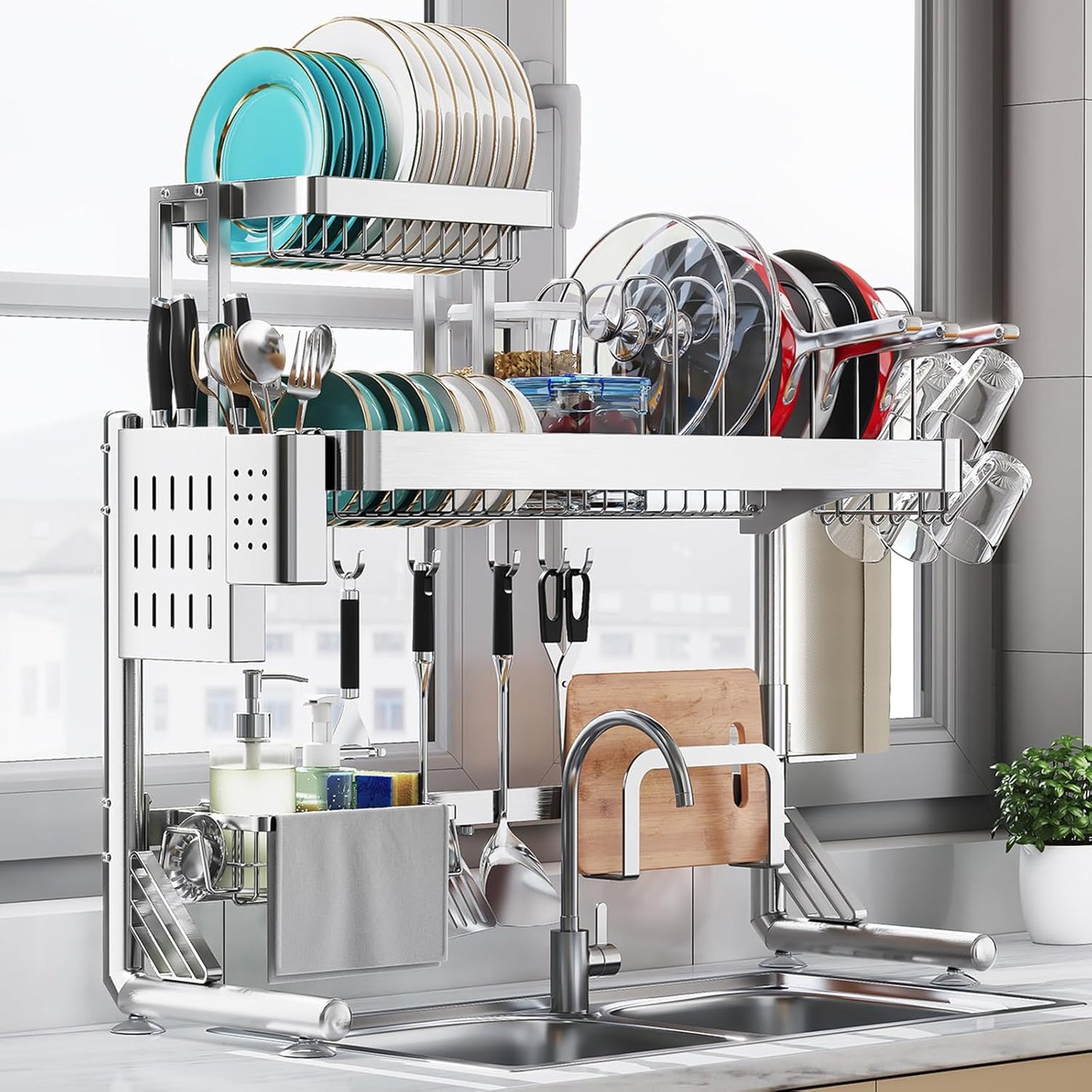 Over Sink Dish Drying Rack, Upgrade 2.5-Tier 304 Stainless Steel Dish Rack Adjustable Length with Pots and Pans Rack, Modern Over The Sink Dish Drainer Rack for Kitchen Storage Counter Organizer