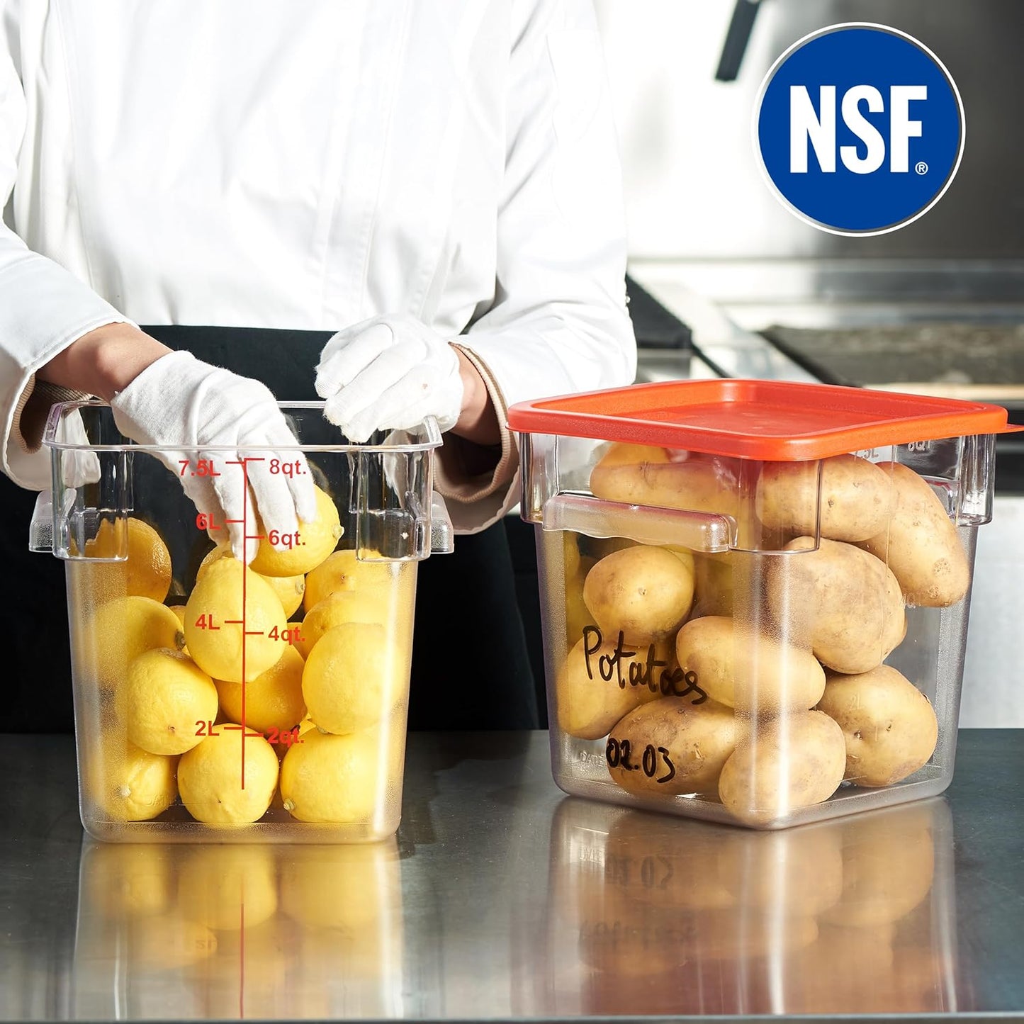 CURTA 4 Pack Food Storage Container with Red Lid - NSF Listed Commercial Grade in 8.0 Qt - Square, Clear, Polycarbonate