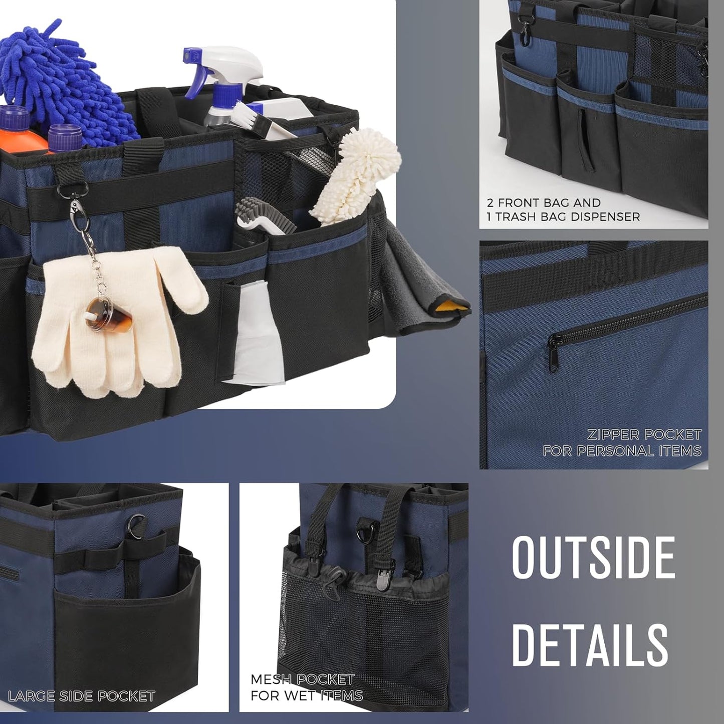 Wearable Cleaning Caddy, Cleaning Caddy Supplies Organizer with Handle & Shoulder Straps for Housekeepers, Under Sink & Car Cleaning Tool Organizers Bag with 4 Foldable Divider (NavyBlue)