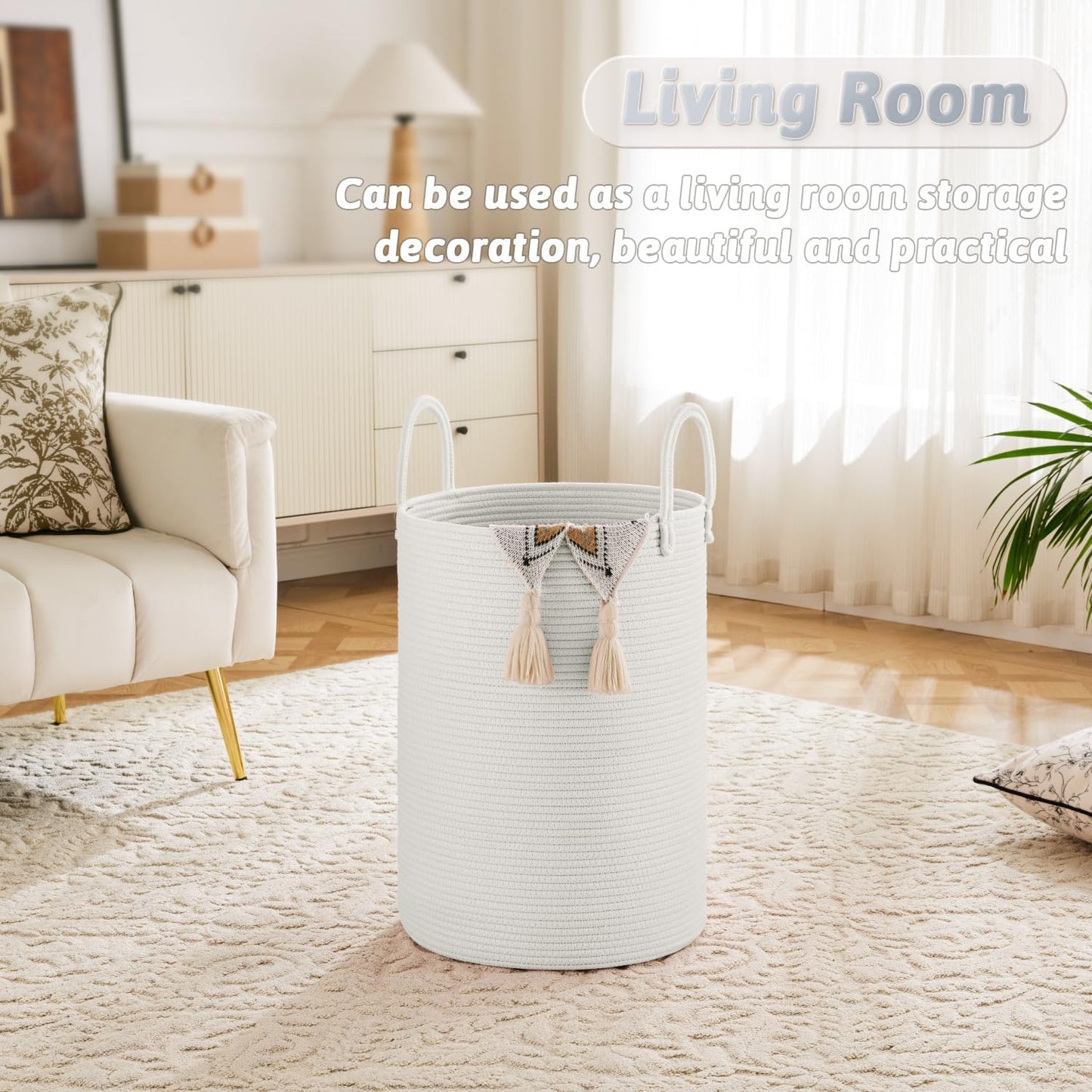 Laundry Basket,Woven Cotton Rope Laundry Hamper,60L for Decorative Storage of Dirty Clothes,Toys and Blankets in Bathroom,Baby Room and Living Room