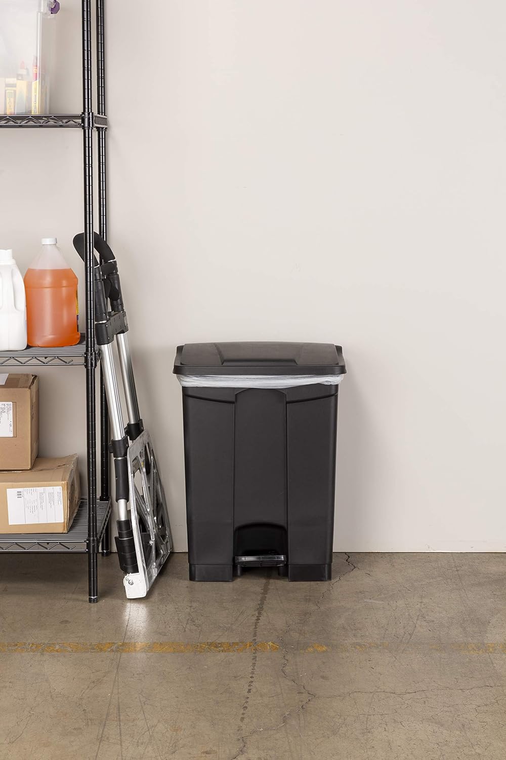 Safco Step On Plastic Trash Can with Foot Pedal, 17 Gallon Garbage Can for Kitchen, Indoor or Outdoor Use, Hands Free, Black