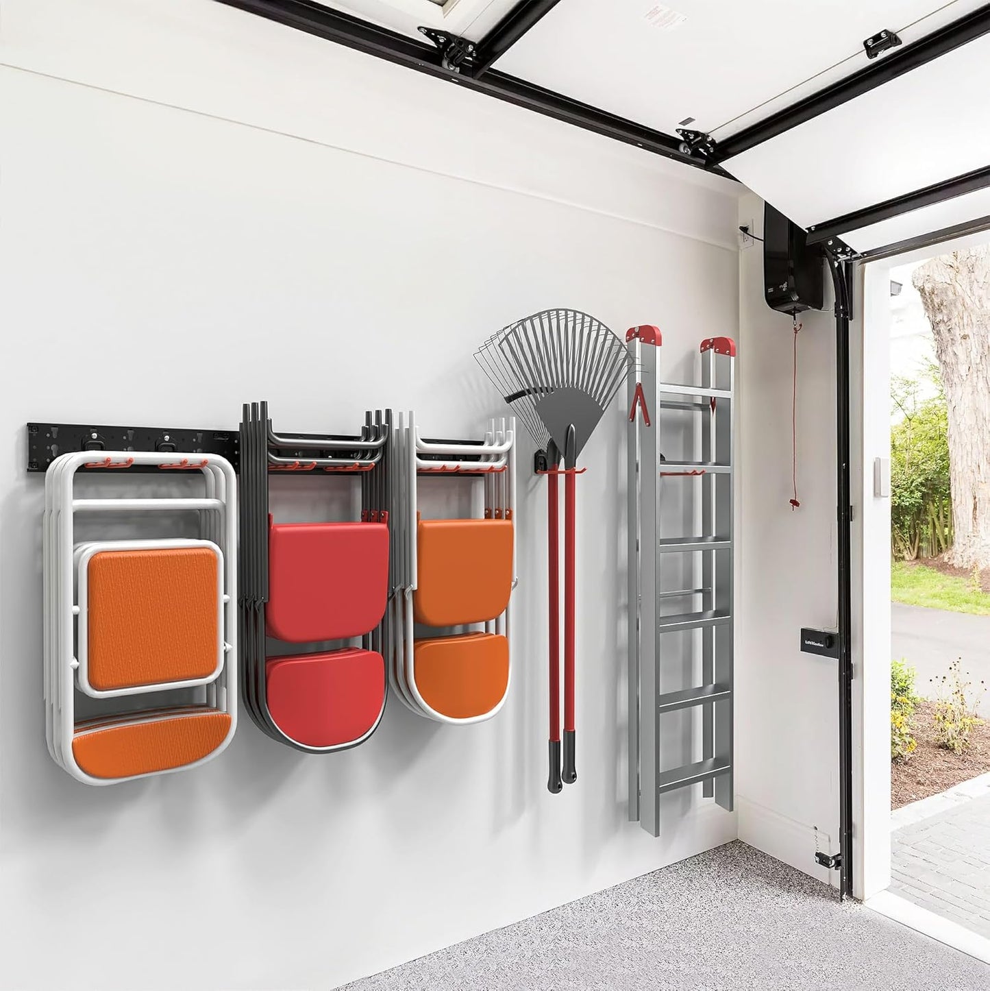 Wallmaster Wall Mount Garage Organizer Tool Storage Rack, Heavy Duty Folding Chair Hangers with 8 Adjustable Hooks, 48-inch Tracks, Max Load 300lbs