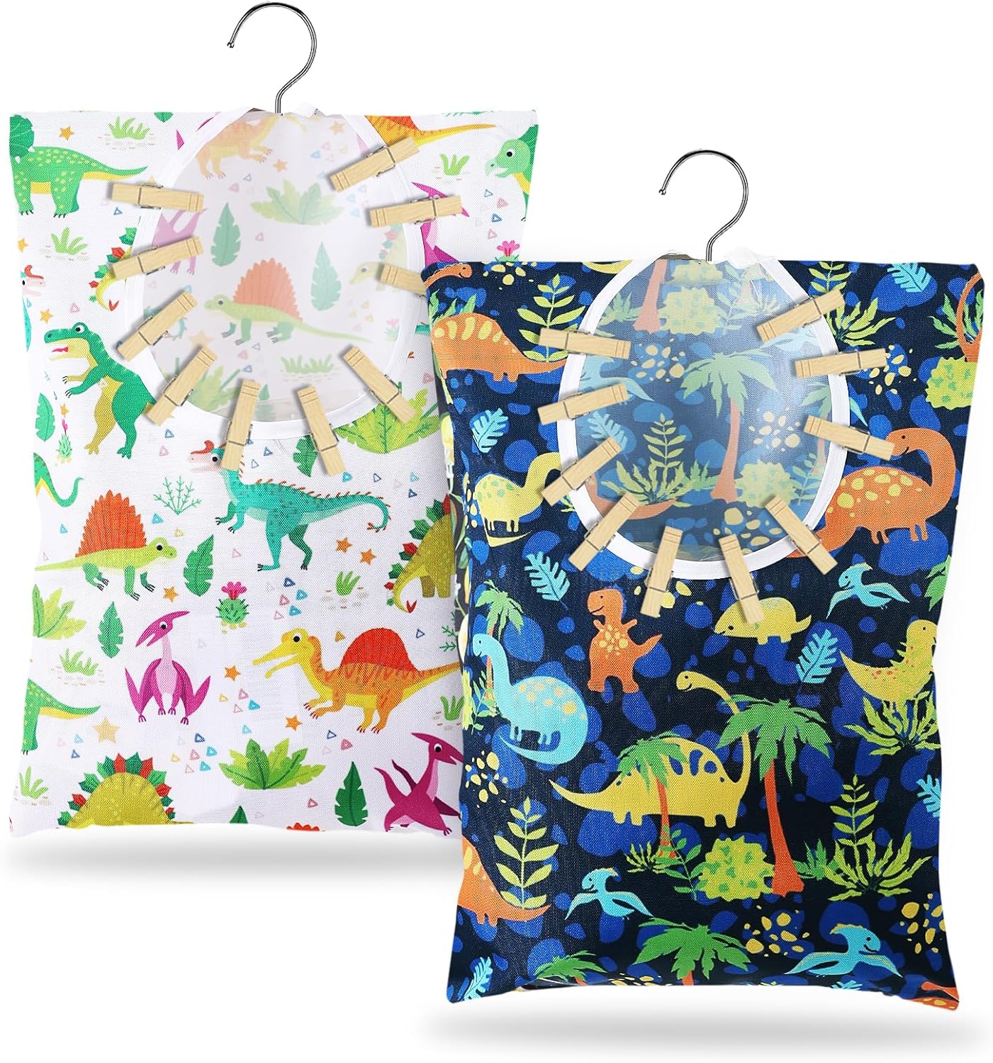 2 Pcs Dinosaurs Clothespin Holder - 15 X 11 Inch Clothes Pin Hanging Bag for Clothesline, Outdoor, Laundry Room and Wardrobe