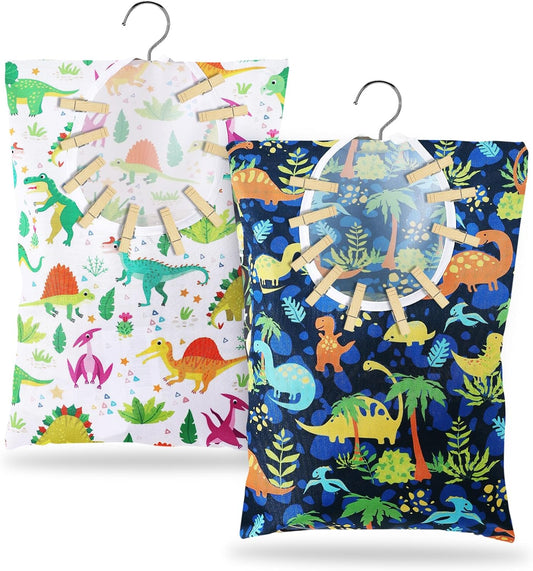 2 Pcs Dinosaurs Clothespin Holder - 15 X 11 Inch Clothes Pin Hanging Bag for Clothesline, Outdoor, Laundry Room and Wardrobe