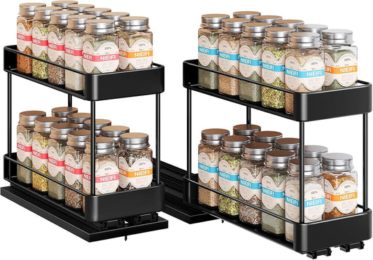 Nieifi Spice Rack Organizer for Cabinet, Vertical Spice Rack Pull Out, Easy to Install, Metal, 4.5''Wx10.35''Dx8.4''H, 2 Pack, 2 Tiers(Black)