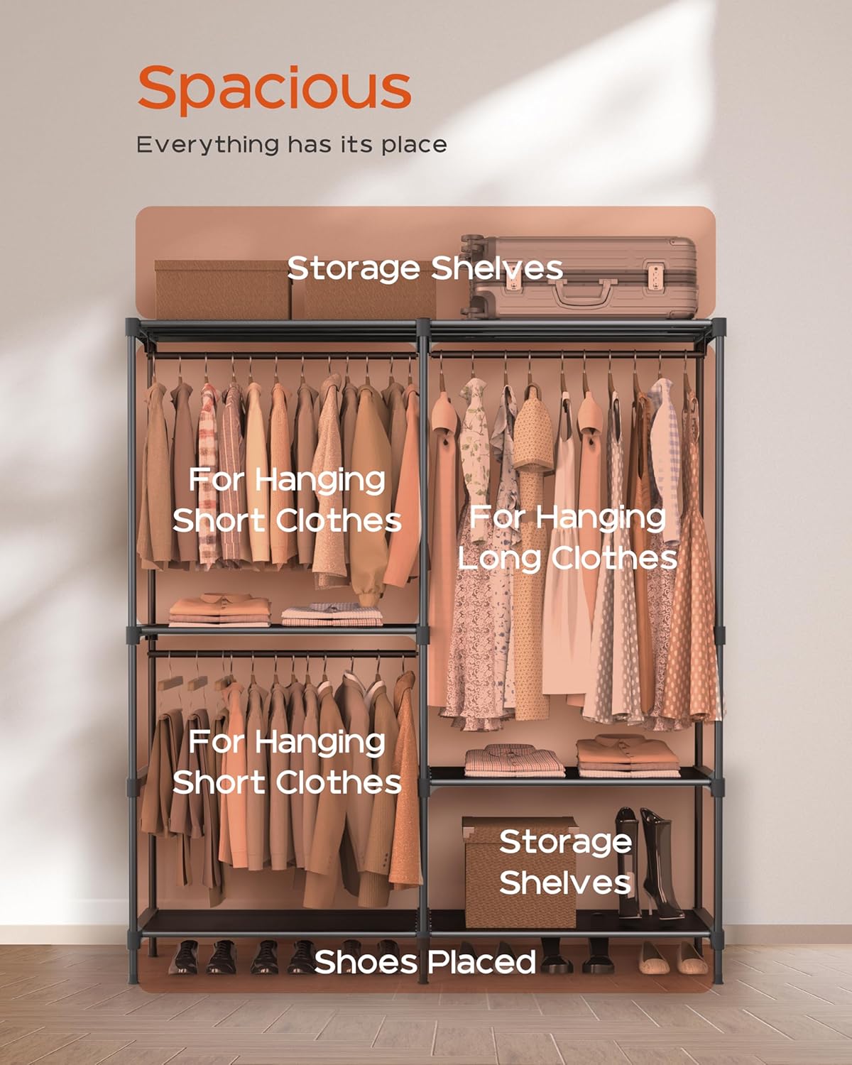 Clothes Rack, Portable Closet, 54.3 Inch Large Capacity Wardrobe Closet, Clothes Storage Organizer with Shelves and 3 Hanging Rods, Easy to Assembly, Black PCT022B01