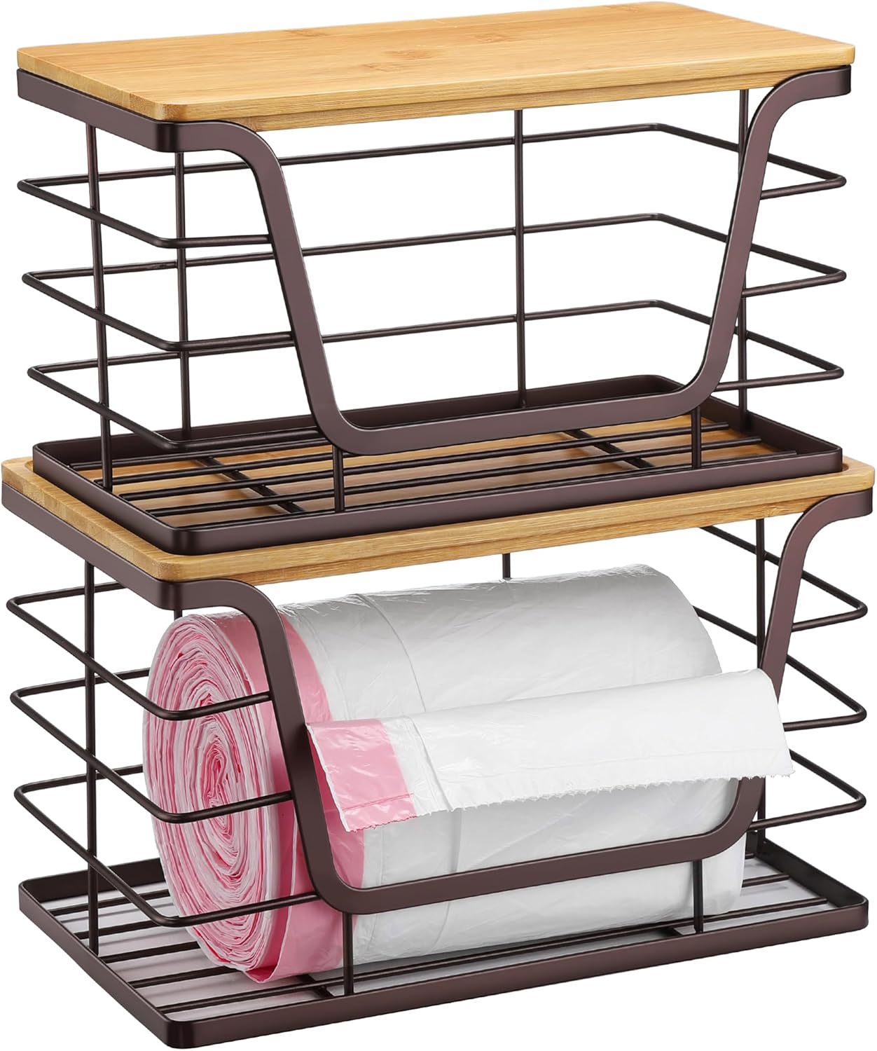 ALOCEO 2 Pack Large Pantry Baskets with Bamboo Lip, Stainless Steel Garbage Bag Holder Dispenser Countertop Storage, Stackable Kitchen Storage Bins for Fruit Onion Potato Vegetable, Brown