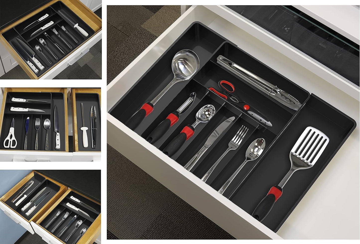 Simple Houseware Expandable Kitchen Drawer Flatware Organizer, Black – Adjustable Cutlery Tray with 9 Compartments for Utensils and Silverware
