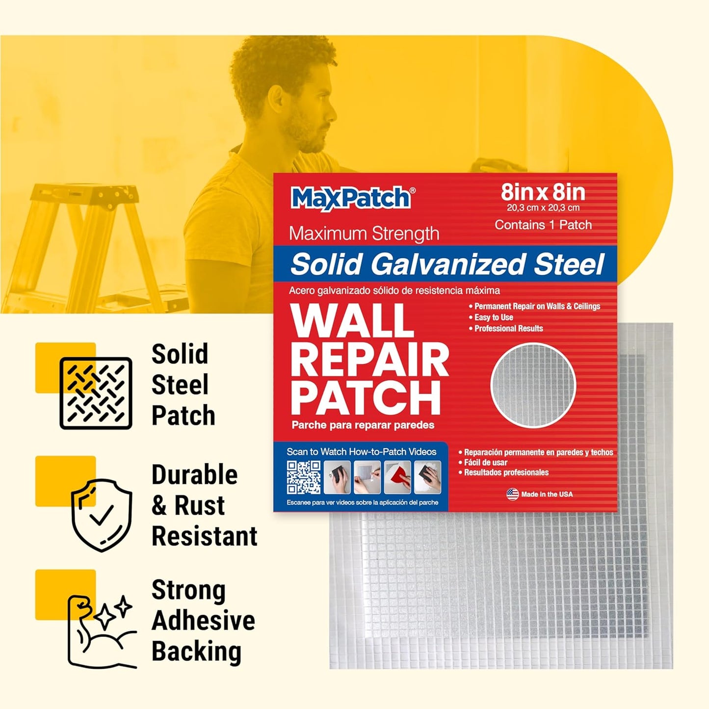 MaxPatch® 4 in. x 4 in. Solid Metal Self-Adhesive Wall Repair Patch (3-Pack) – Durable Galvanized Metal, Easy Application for Drywall, Plaster, and Ceiling Repairs
