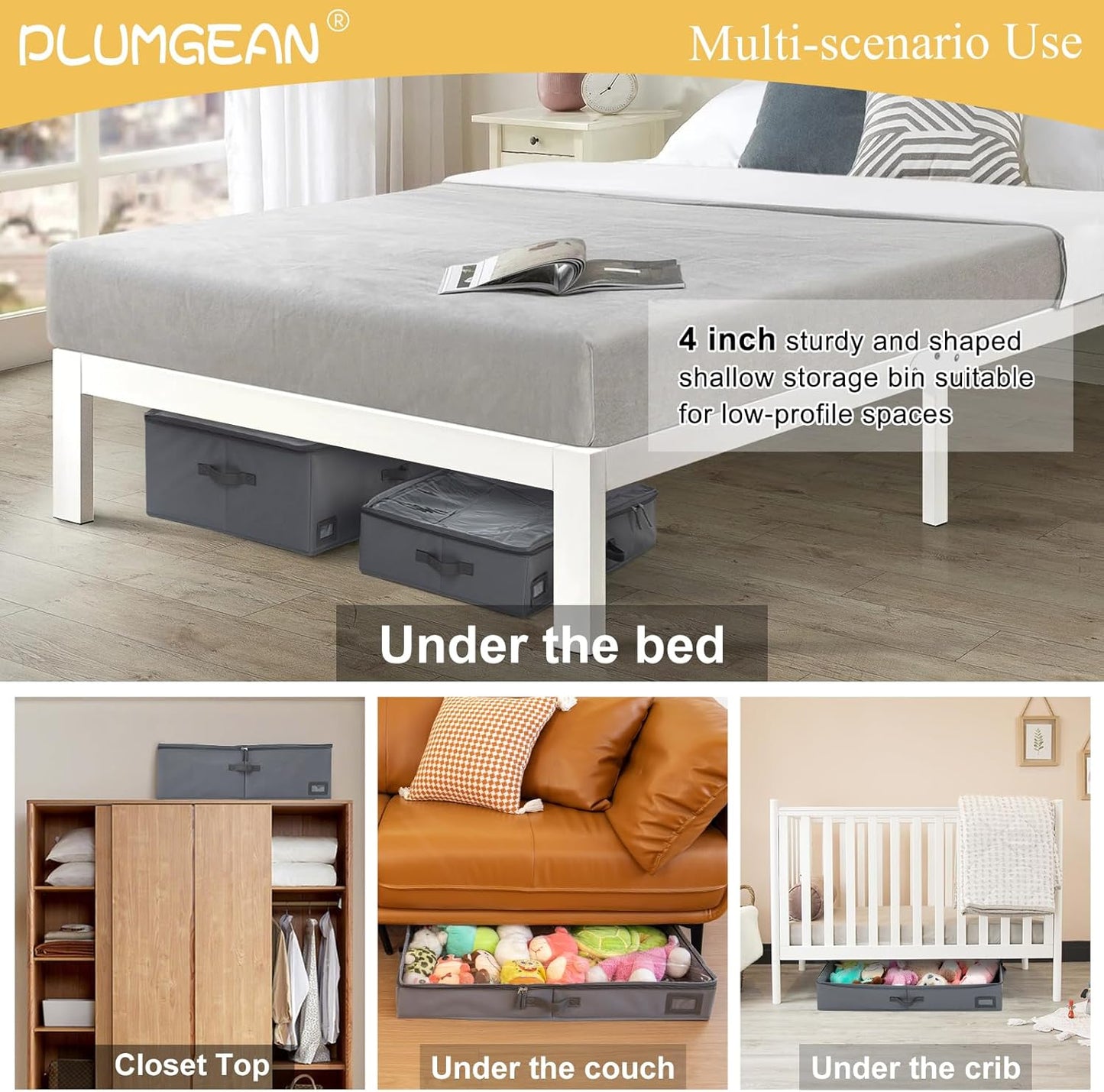 4-Inch Under Bed Storage Containers (3-Pack) | Sturdy Sidewalls | Clear Cover & Label Holder | Underbed Organizer for Crib/Couch | Stores Clothing/Blankets/Wrapping Paper/Toys