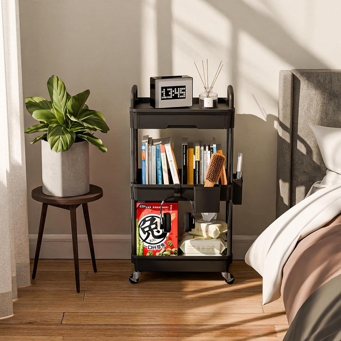 3 Tier Rolling Cart Organizer,Laundry Room Bathroom Organizers and Storage Office Shelves Mobile Shelving Unit Kitchen Trolley Cart with Wheels for Art,Craft,Diaper,Bedside,Snack(Black)