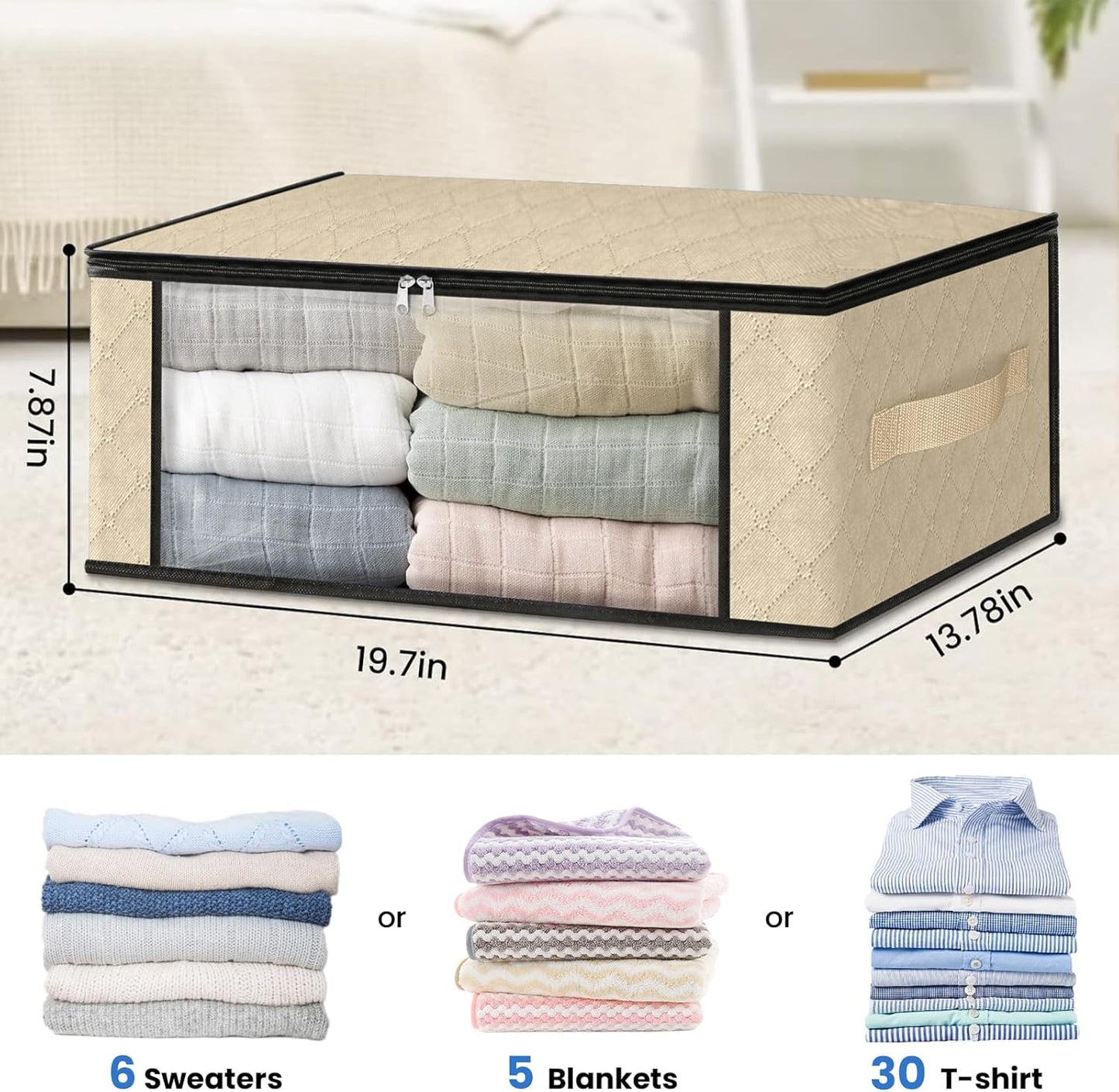 HomeHacks Storage 3-Pack Clothes Organizer Storage Bags Foldable Storage Box with Large Clear Window Sturdy Handles for Closet, Dorm, Pillows, Bedding, Clothes, Blankets, 35L, Beige
