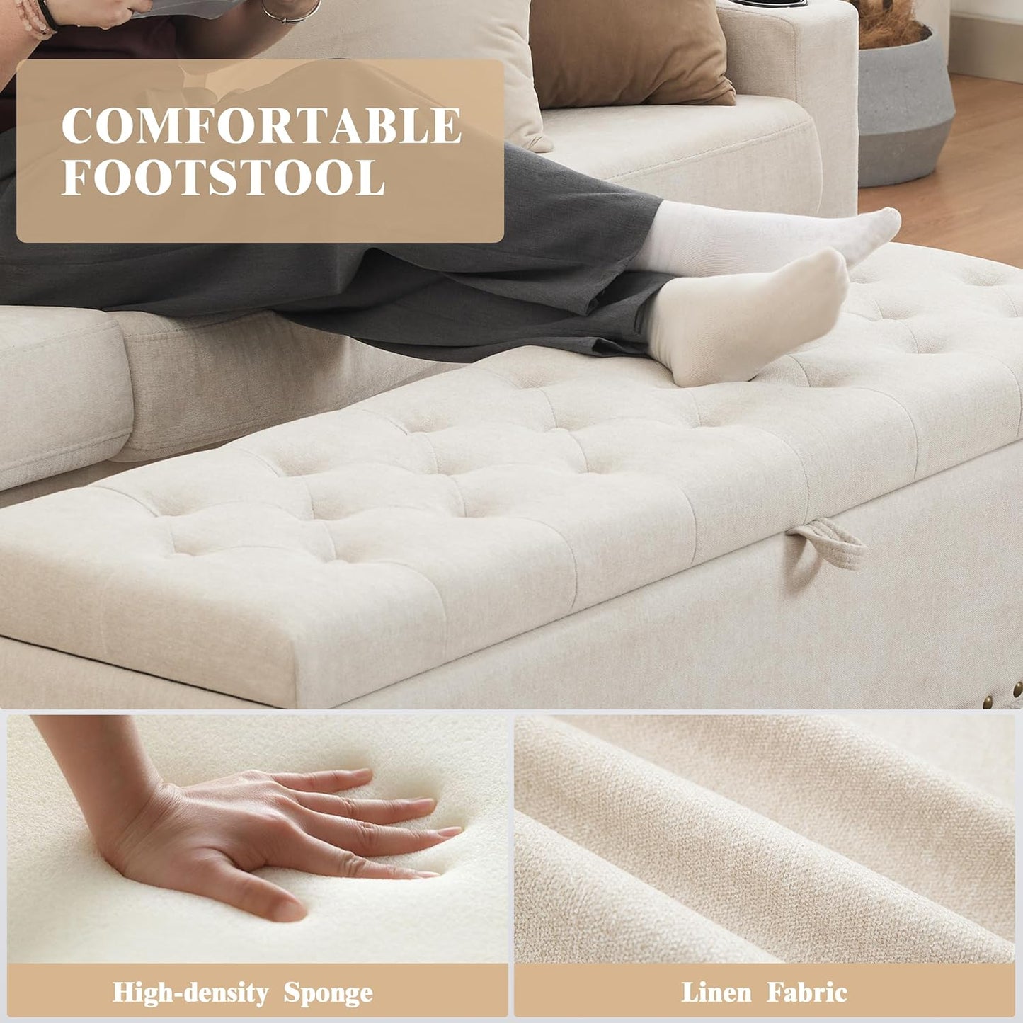 50" Storage Ottoman Bench, Tufted Ottoman with Storage for Living Room, Large End of Bed Ottomans, Modern Entryway Benchs, Window & Bedroom Benches for Foot of Bed (Light Beige)